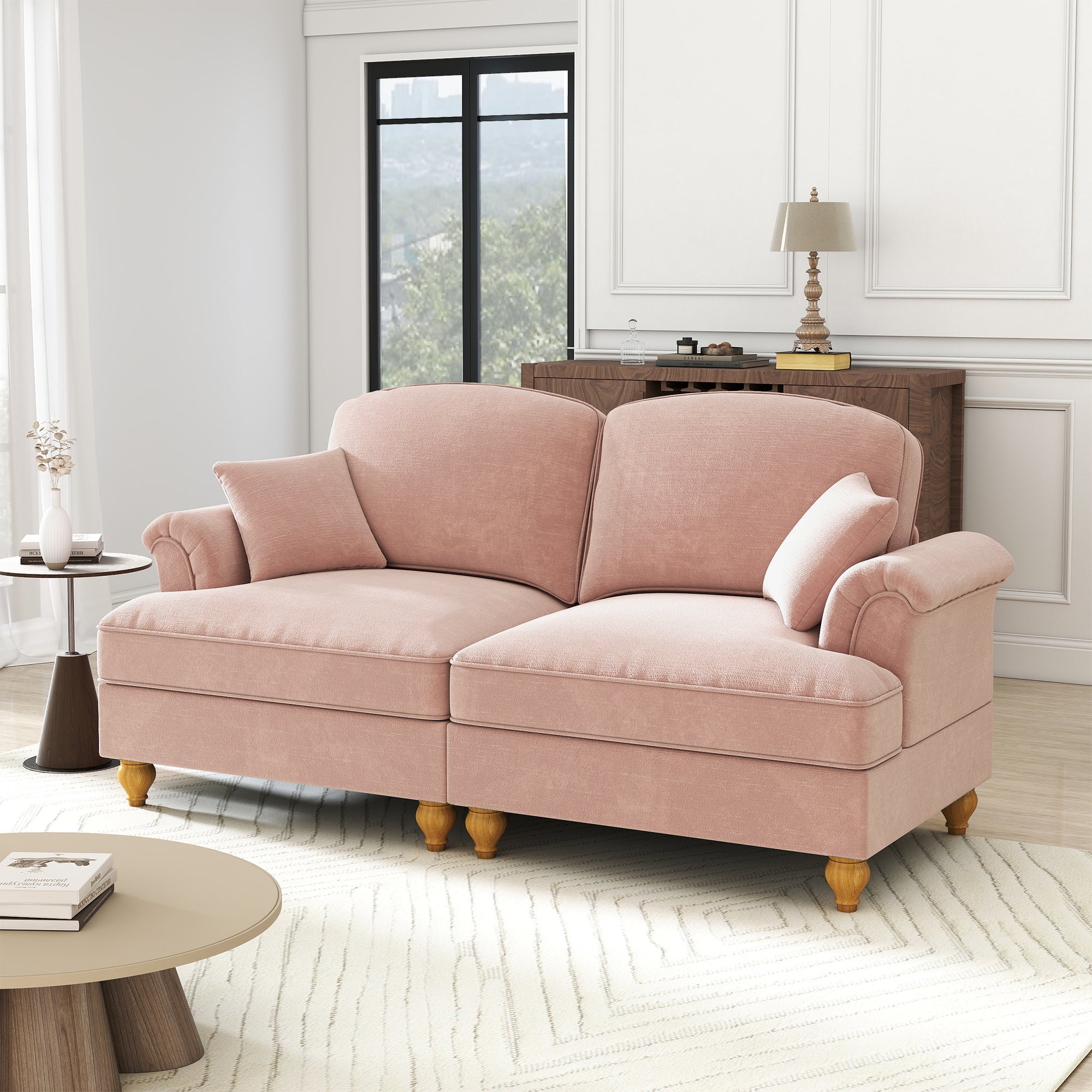 2-Seater Sofa Elegant Mid-Century Flared Armrests - Chenille Pink