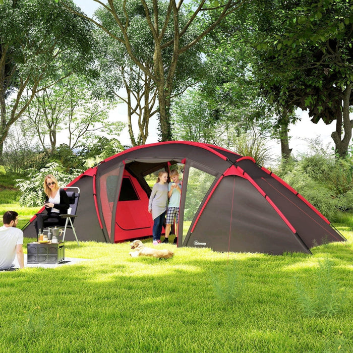Tunnel Tent Camping Tent for 4-6 people, 3 rooms, double doors, water-repellent, Grey