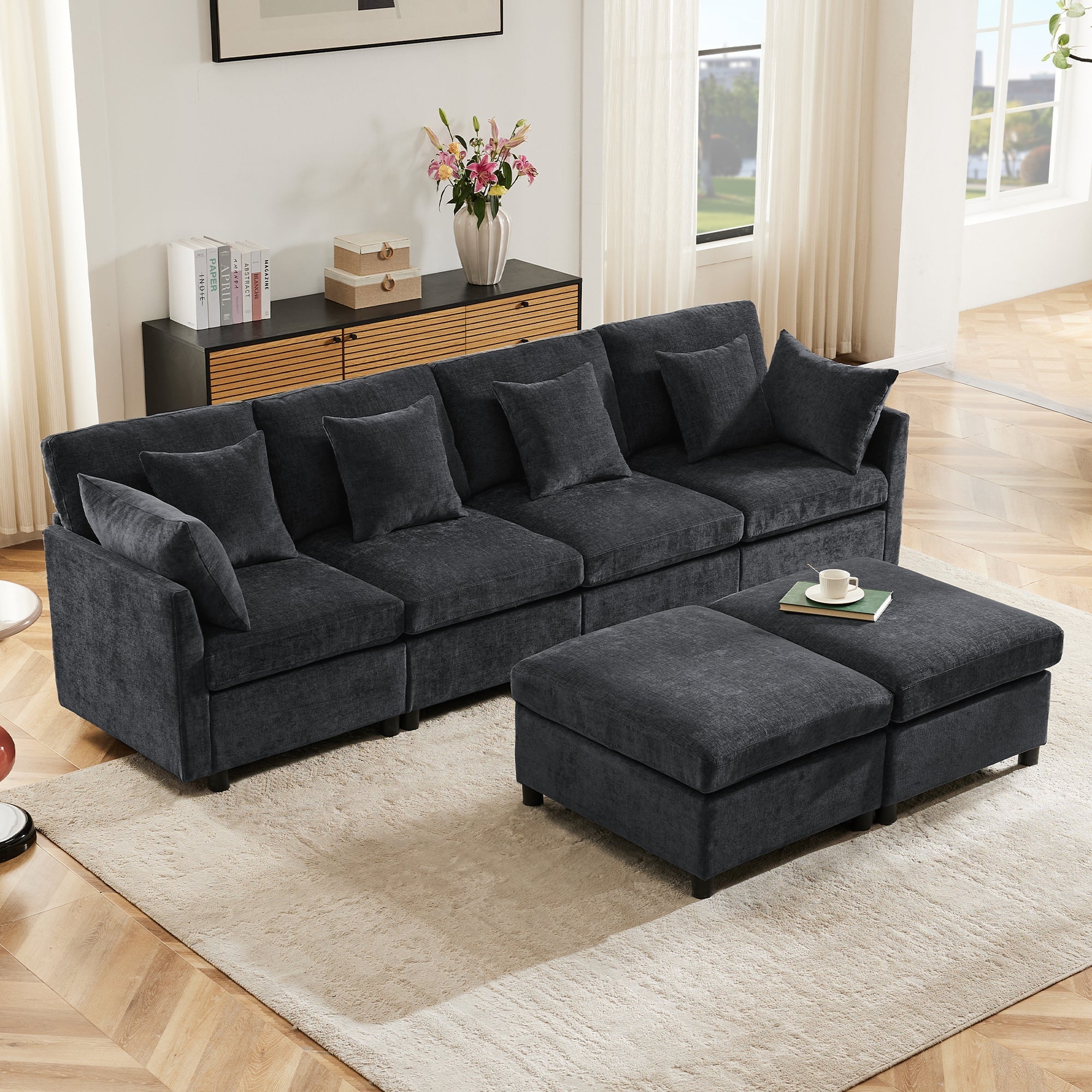 Modern Modular Chenille Sofa L-Shaped U-Shaped Detachable Footstool, Chenille Fabric
