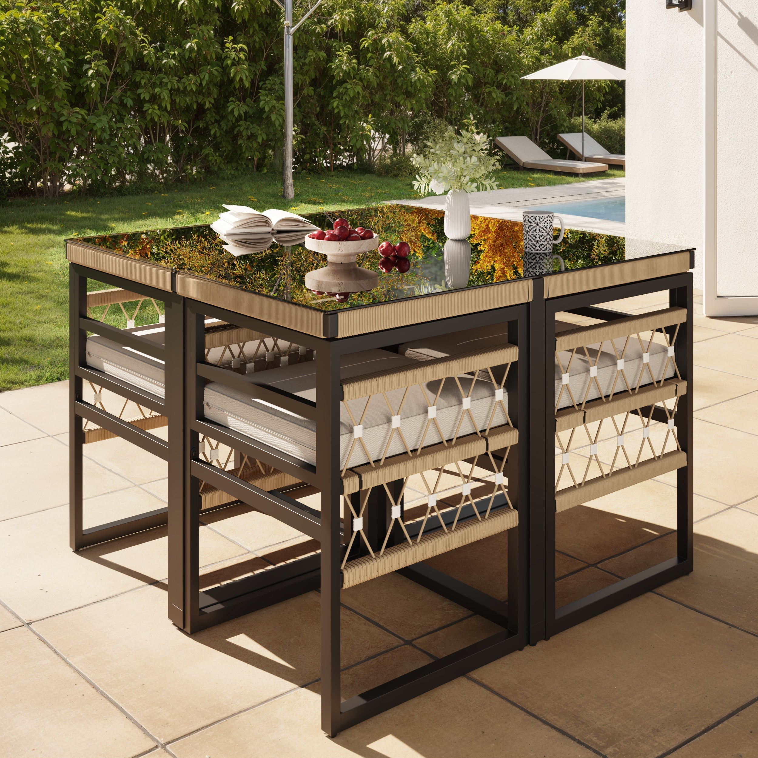 Handwoven Garden Sofa Set with Glass Table and 4 Armchairs, Beige Iron