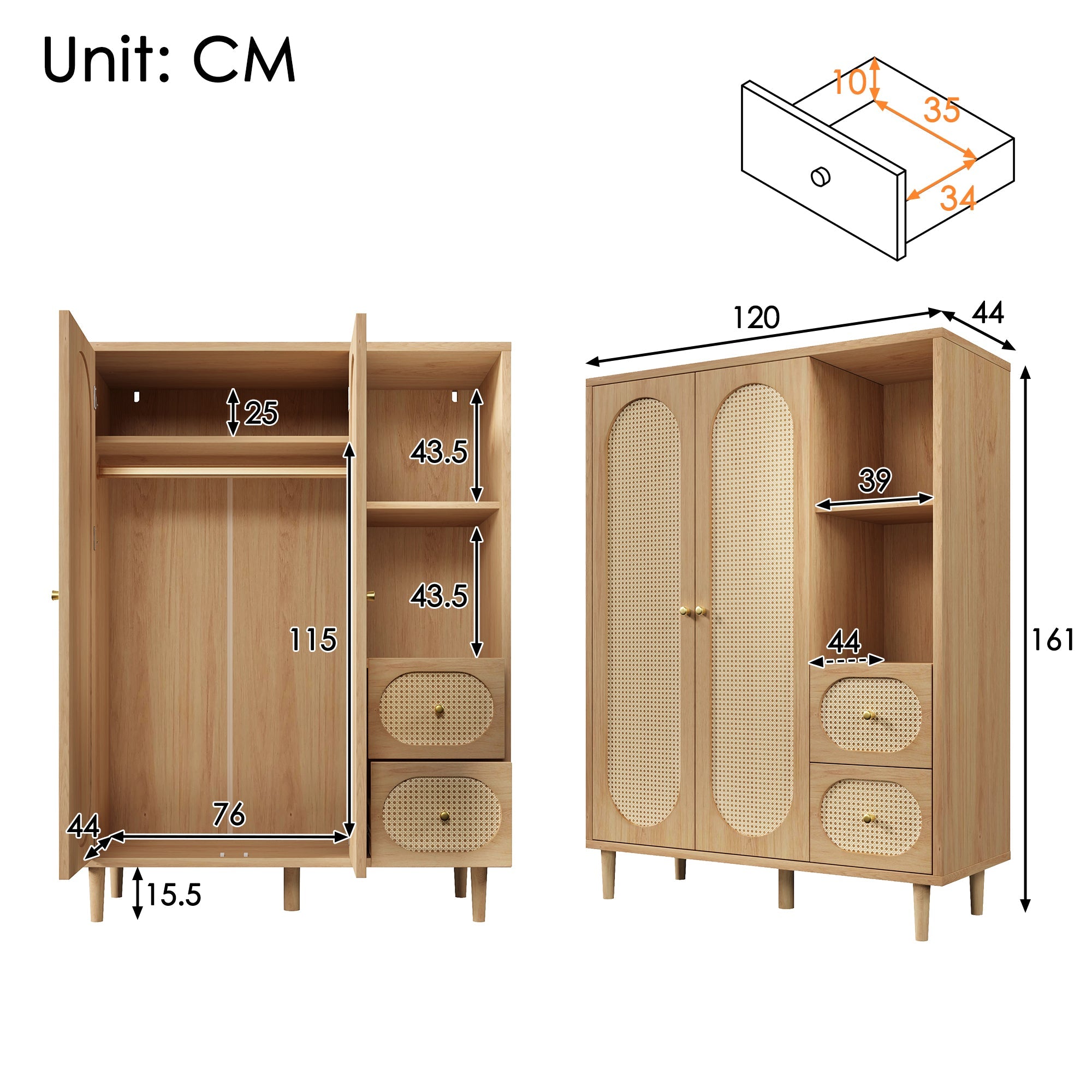 Country-Style Wardrobe with 2 Doors, 2 Drawers and Open Shelves, 161x120x44cm, Oak Wood