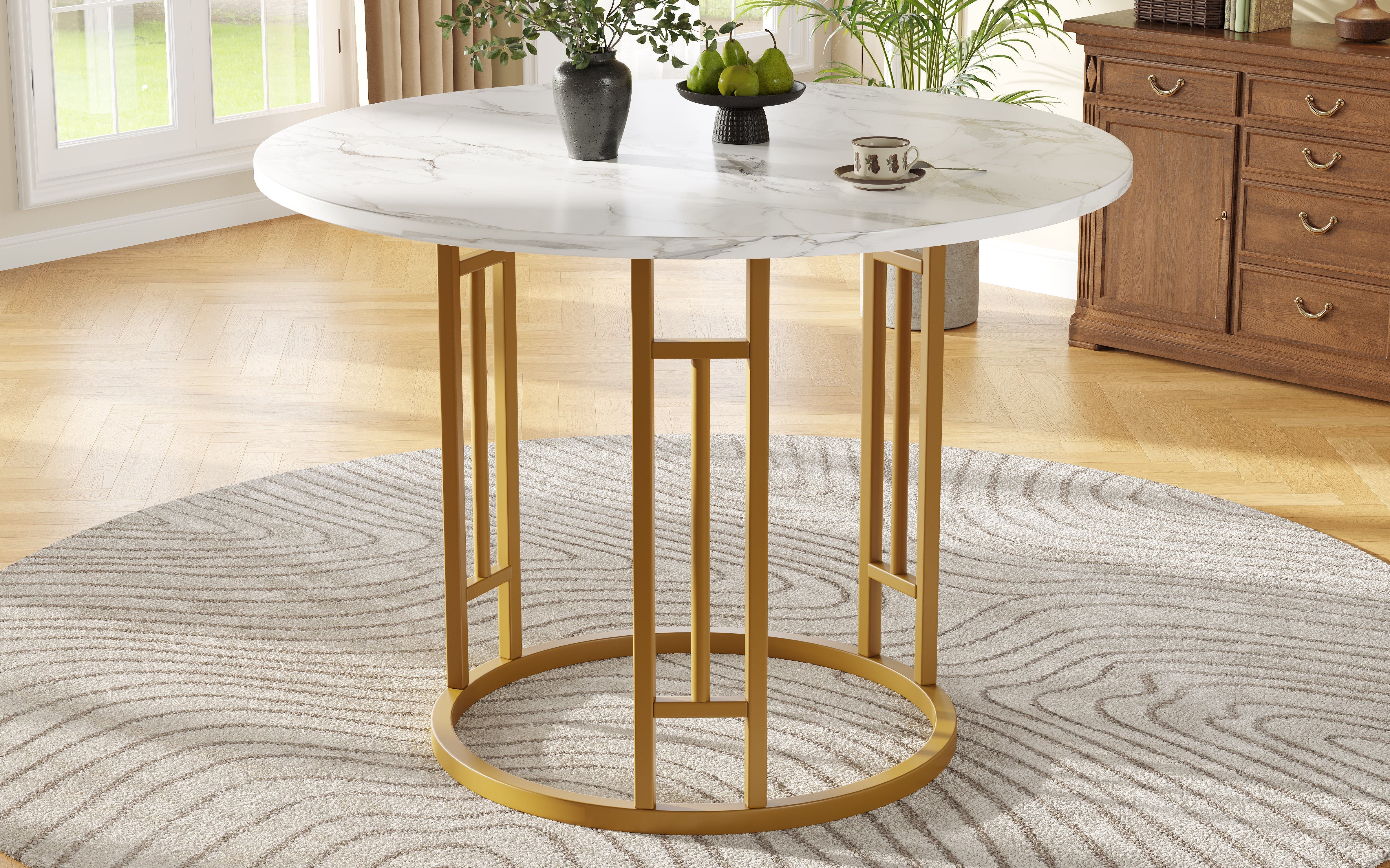 Round Dining Table 80x76cm 4-Person Marble Tabletop Metal Legs Gold