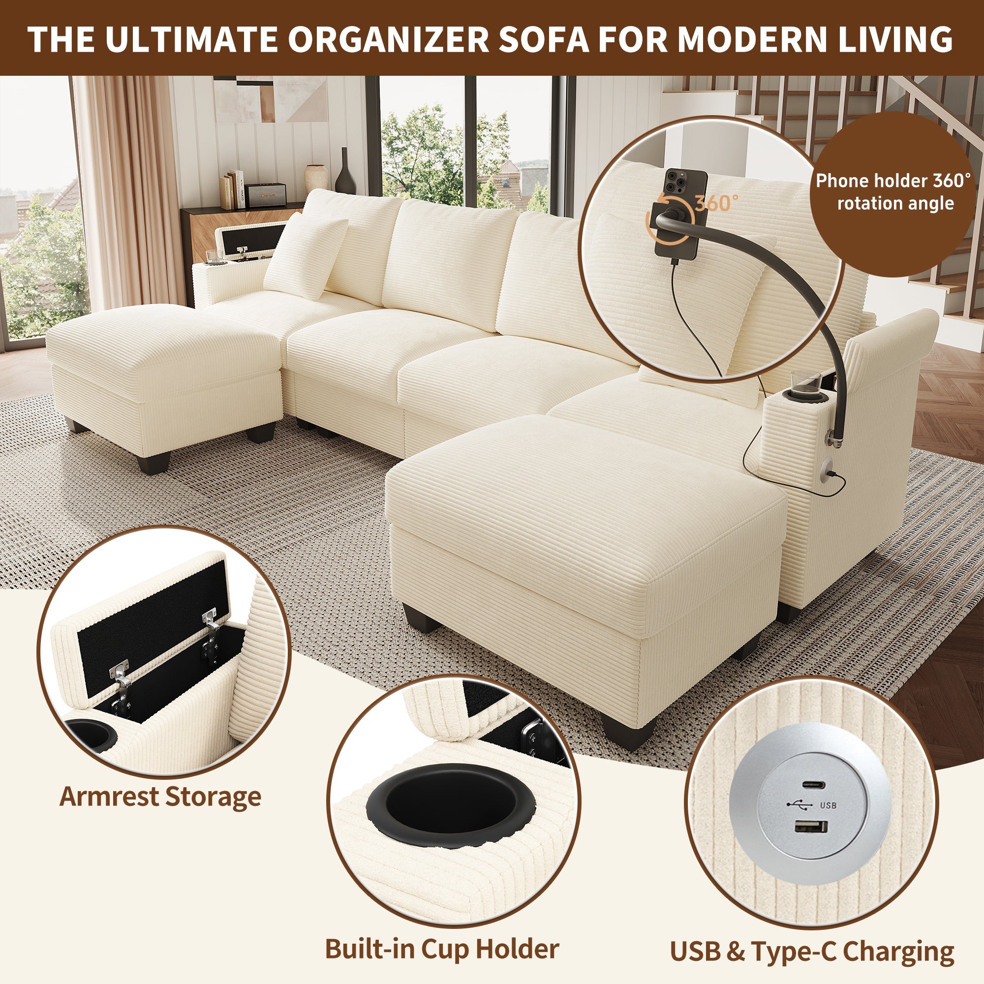 U-Shaped Modular Sofa with Sleeping Function, Phone Holder and USB Port, Beige Corduroy
