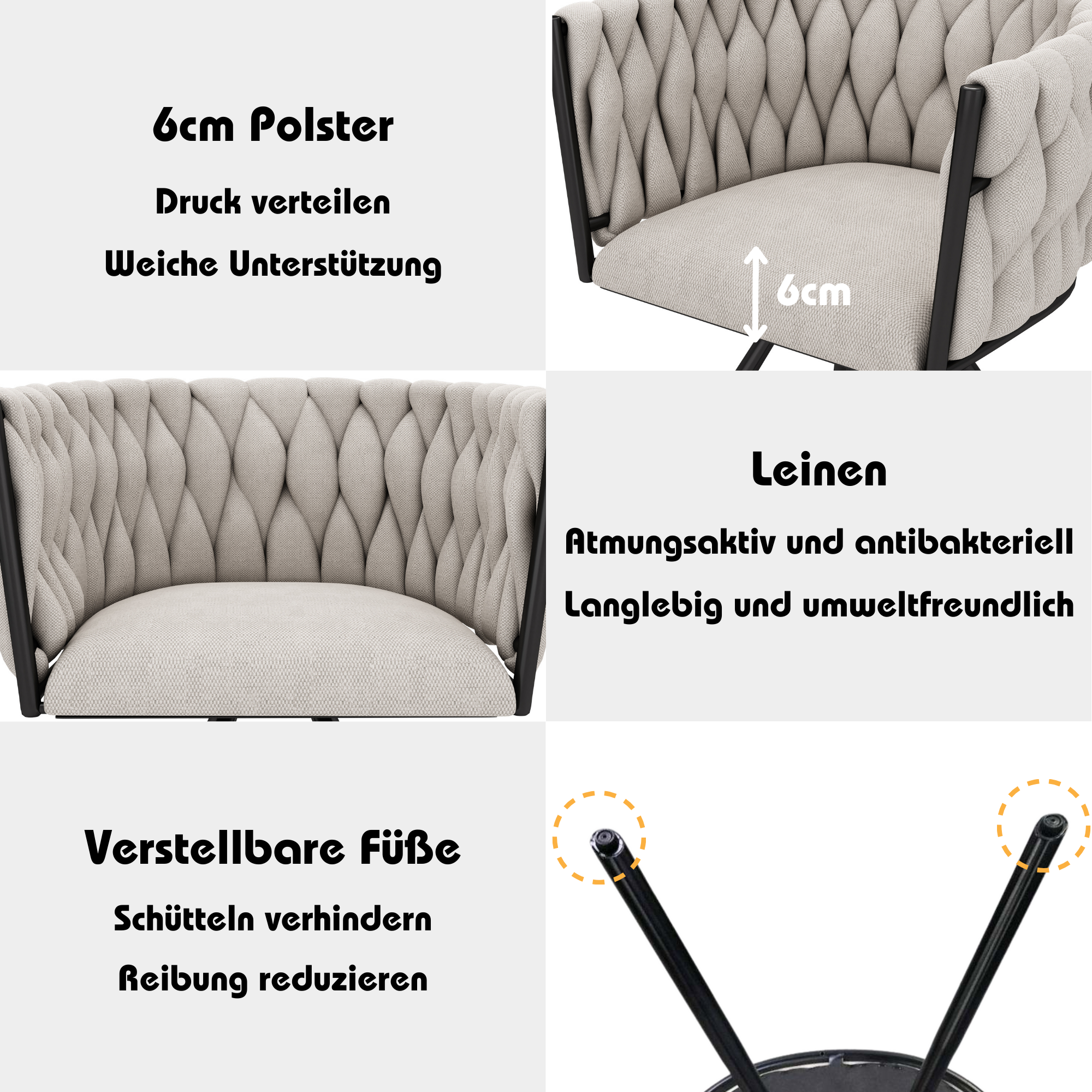 Linen Dining Swivel Chairs, Set of 6, Leisure Armchair with Metal Legs, Beige and Black Linen