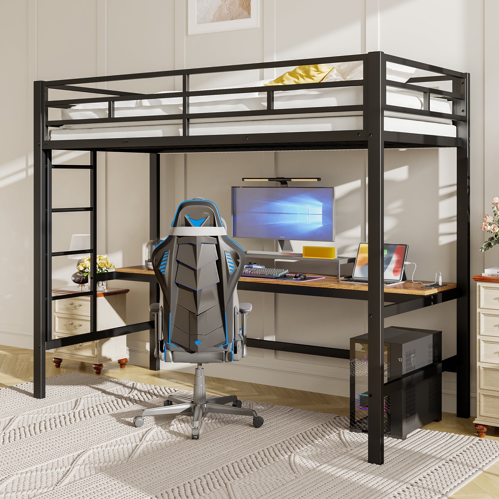 Loft Bed with Desk, USB, Power Outlets and App-Controlled LED Lights, 90x200cm, Black Metal