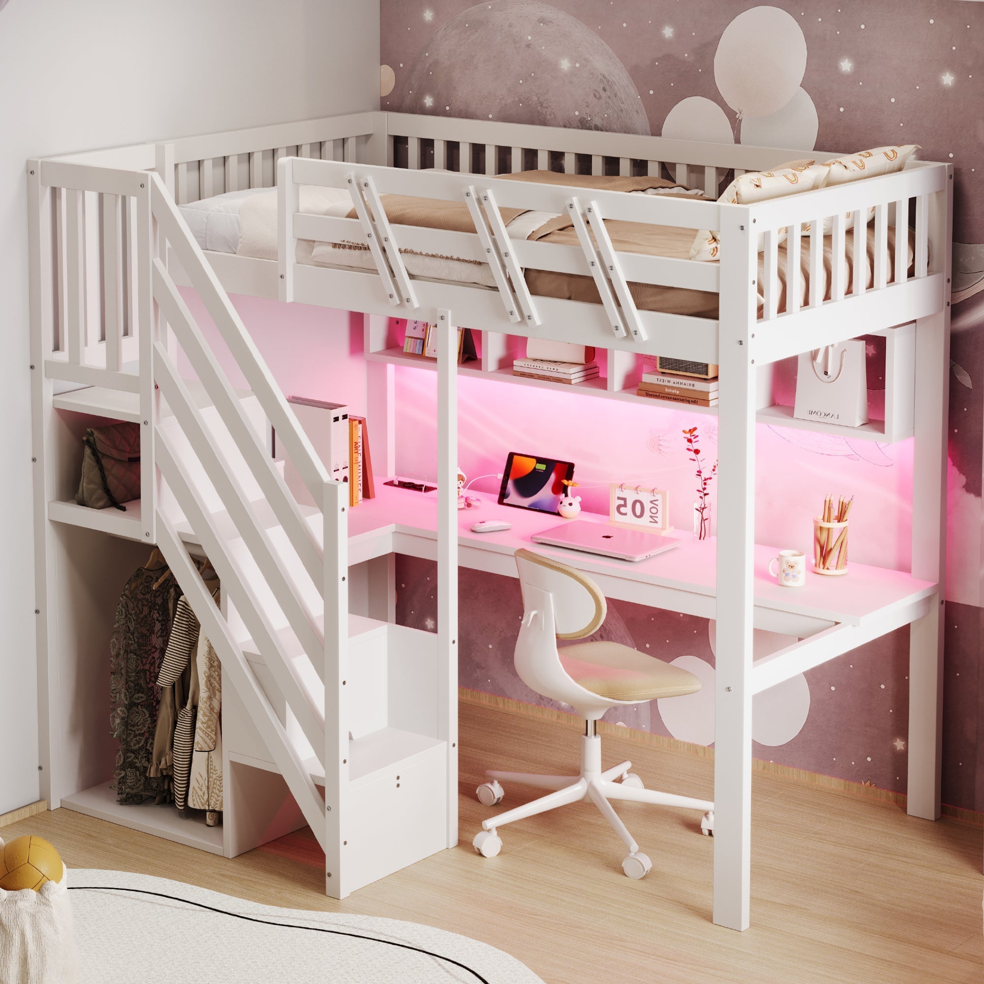 Solid Wood Loft Bed 90x200cm with Stairs Storage Cabinet Desk USB LED - White