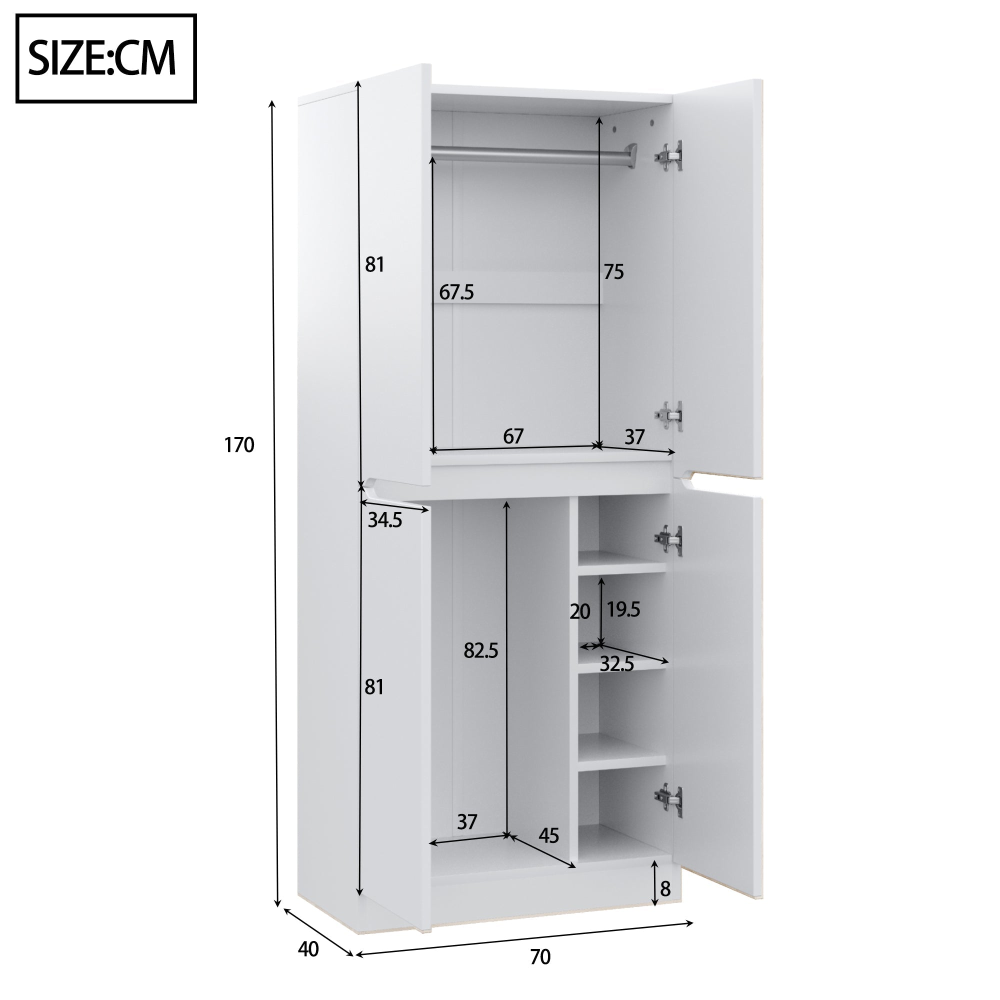 Wardrobe Double Door Storage 70x40x170cm, White