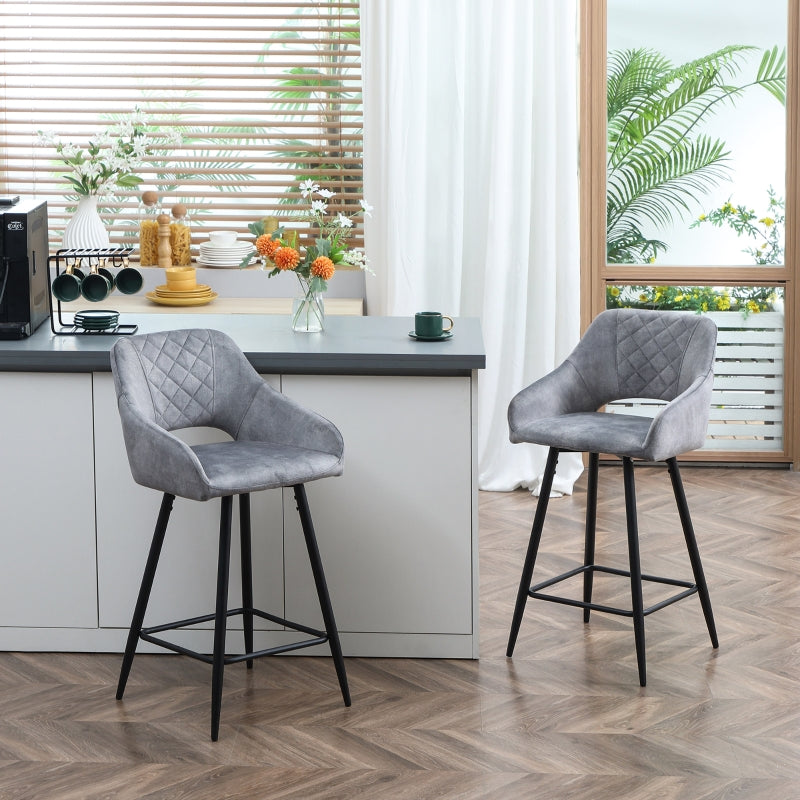 Bar Stools Set of 2, Counter Height with Steel Legs, Velvet-Touch Fabric Grey