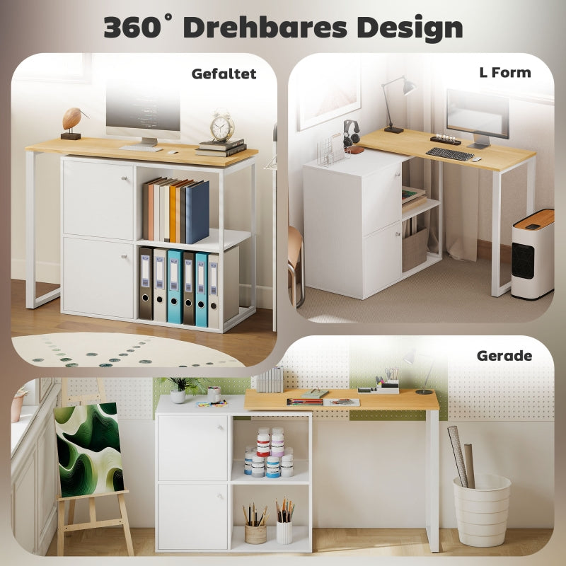 L-shaped Desk, 360° Rotating Corner with 2 Cabinets & 2 Shelves, White