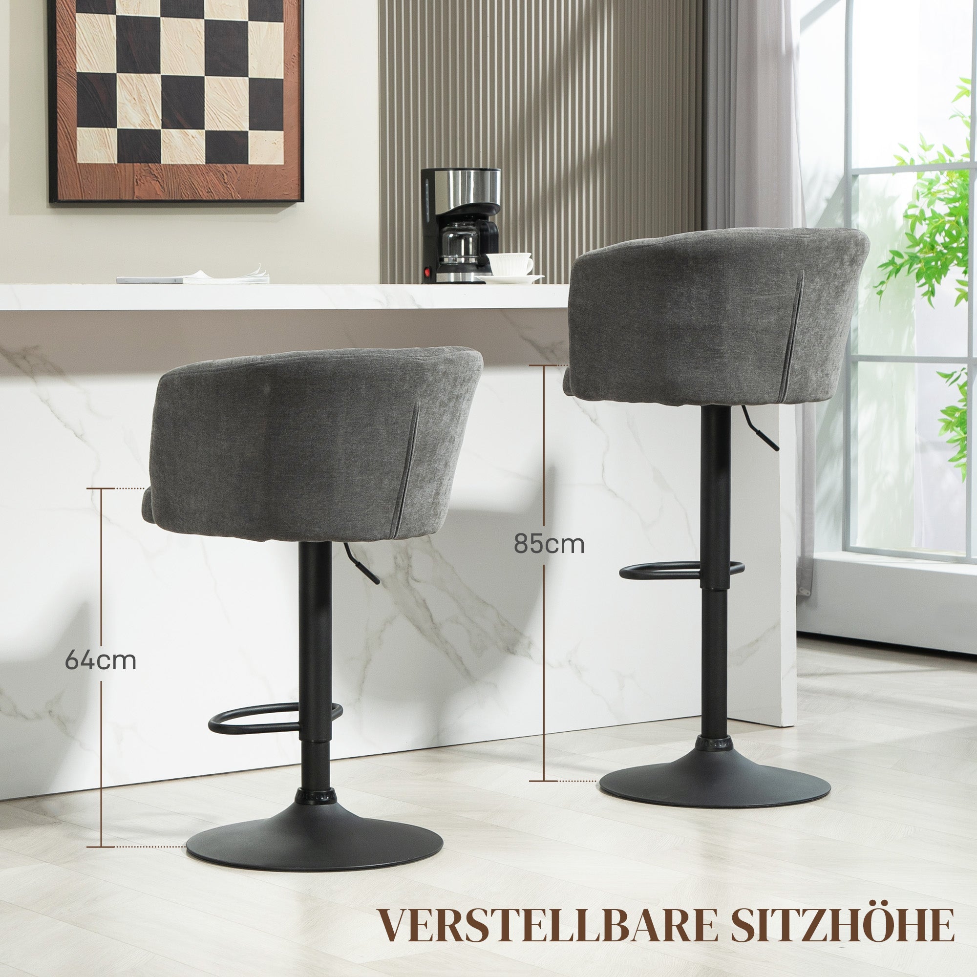 Set of 2 Bar Stools, Swivel Height-Adjustable with Footrest, Linen Dark Grey