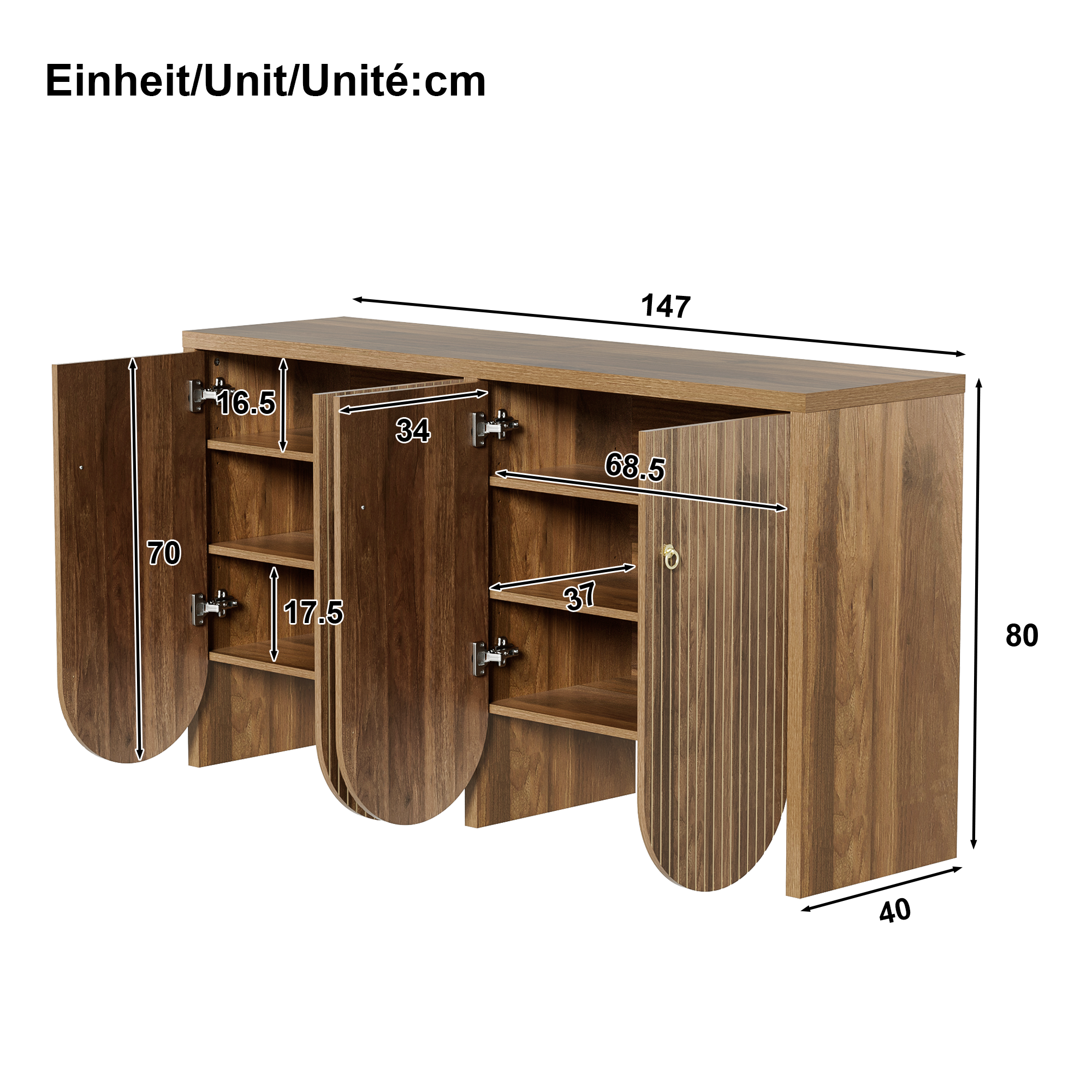 Sideboard Storage Cabinet 4 Doors Adjustable Shelves, Walnut Finish