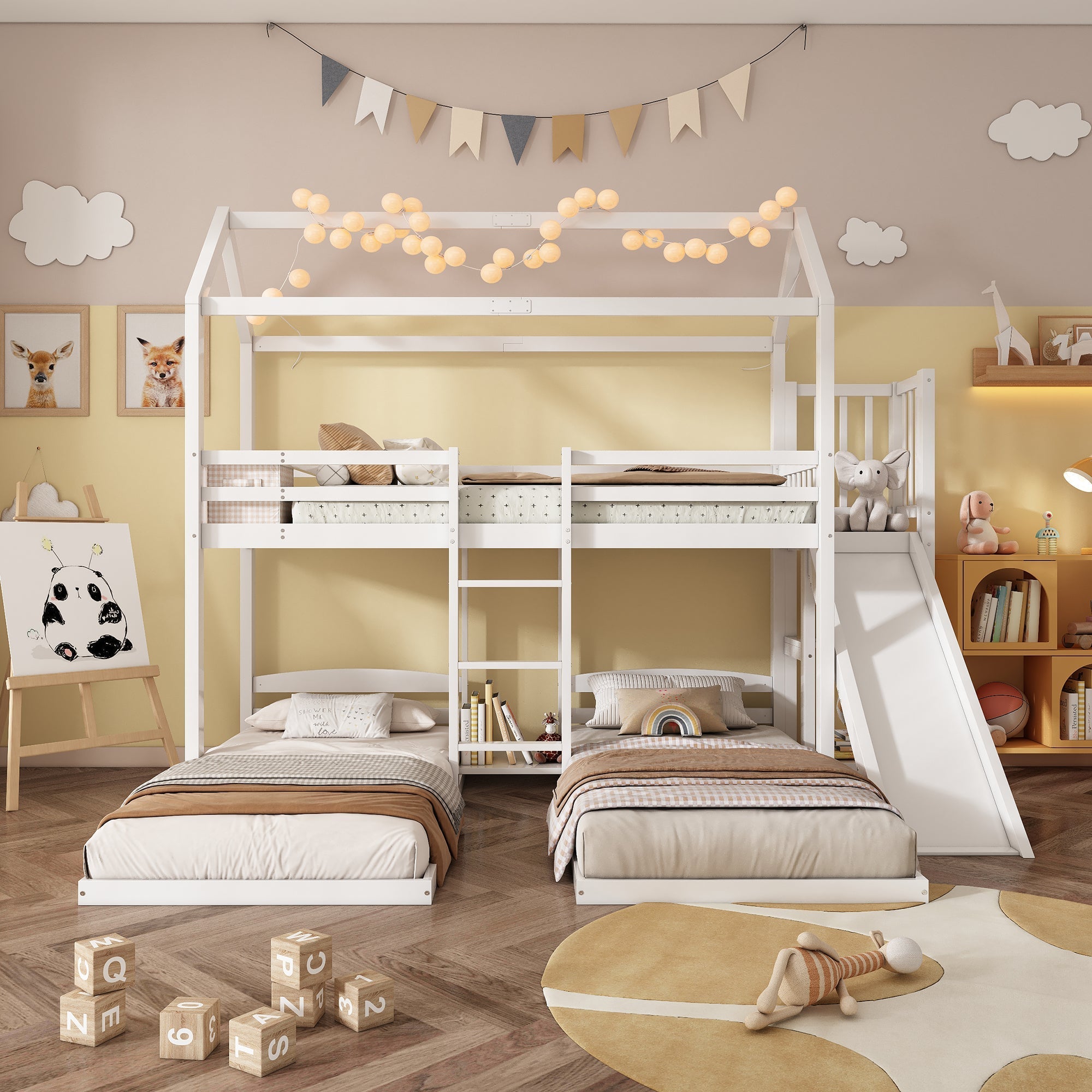 Bunk Bed, Children's with Slide, Roof Design, Three-Sleeper, Storage, Pine + MDF, White