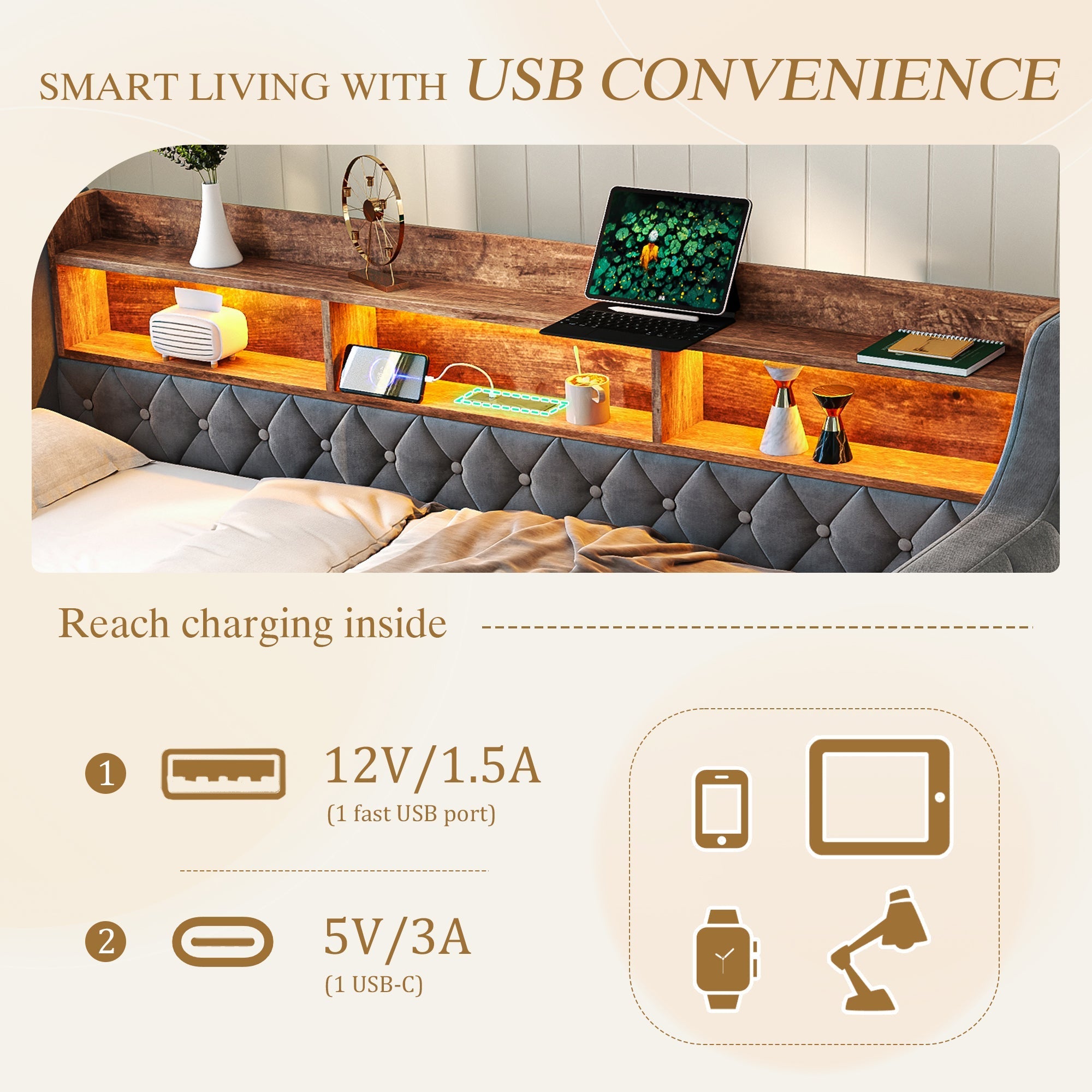 Space-saving Sofa Bed 90x190 cm with Storage, LED Ambiance & USB-C Port, Velvet Gray