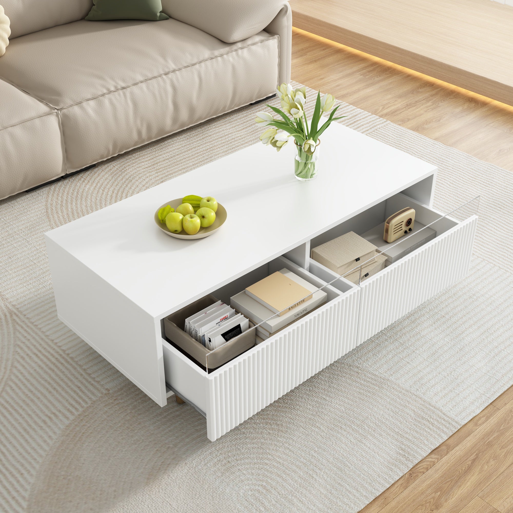 Modern LED coffee table wavy drawer top, two drawers, color-changing light strip, gold and white