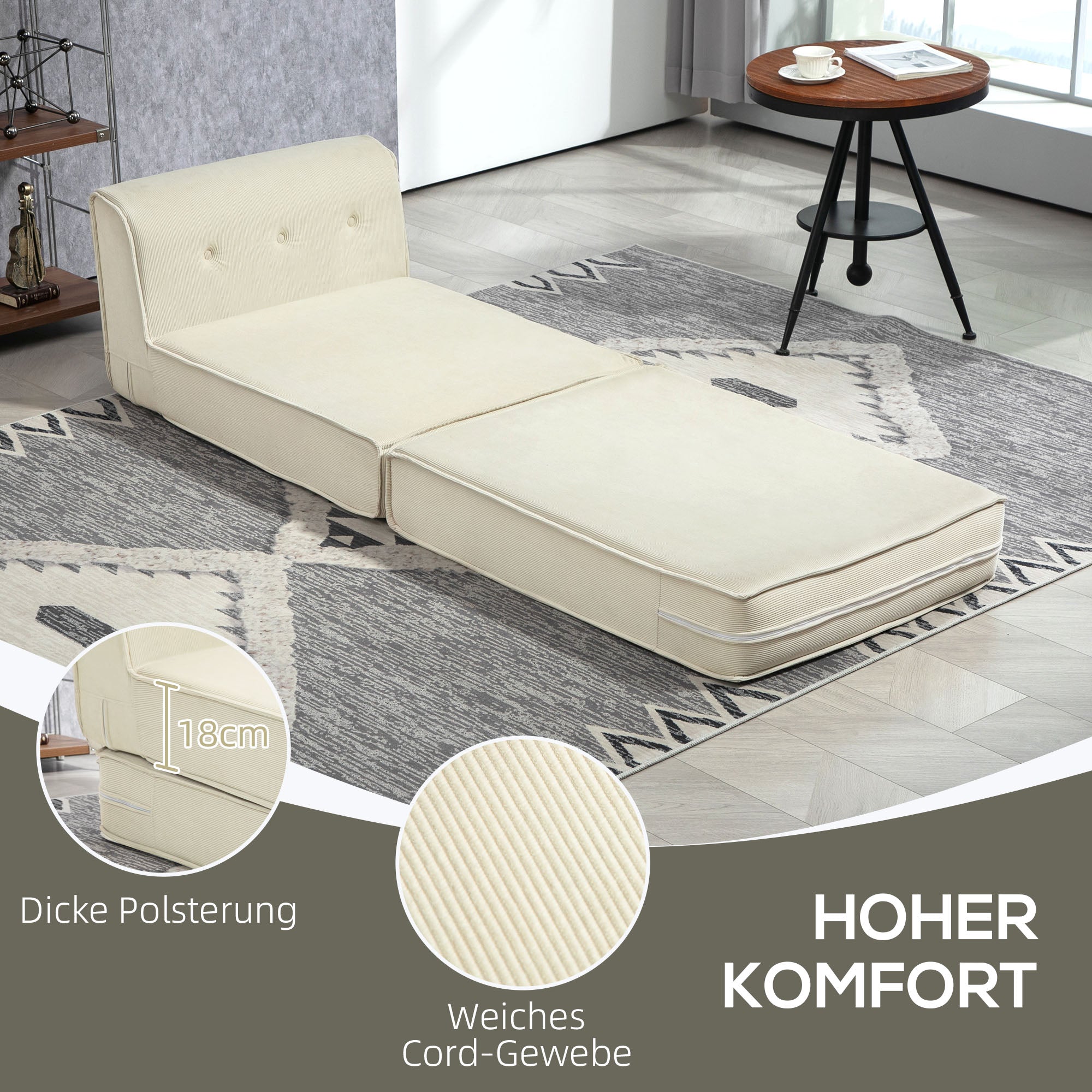 Schlafsofa 2-in-1 Klappbar Polsterung 240 kg, Cord Cremeweiß