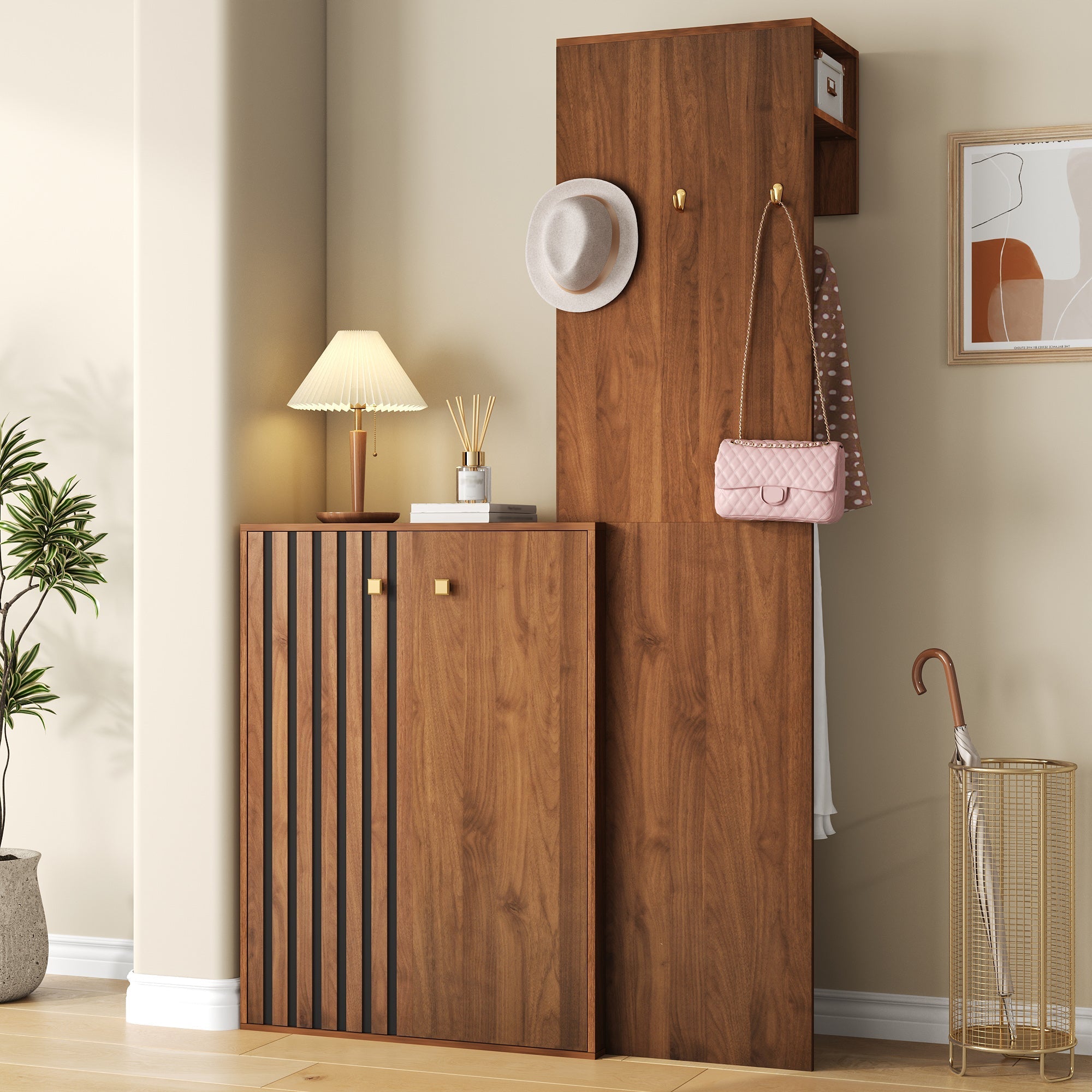 Modern Wardrobe Set with Shoe Cabinet, Storage and Clothes Rail, Wood Case