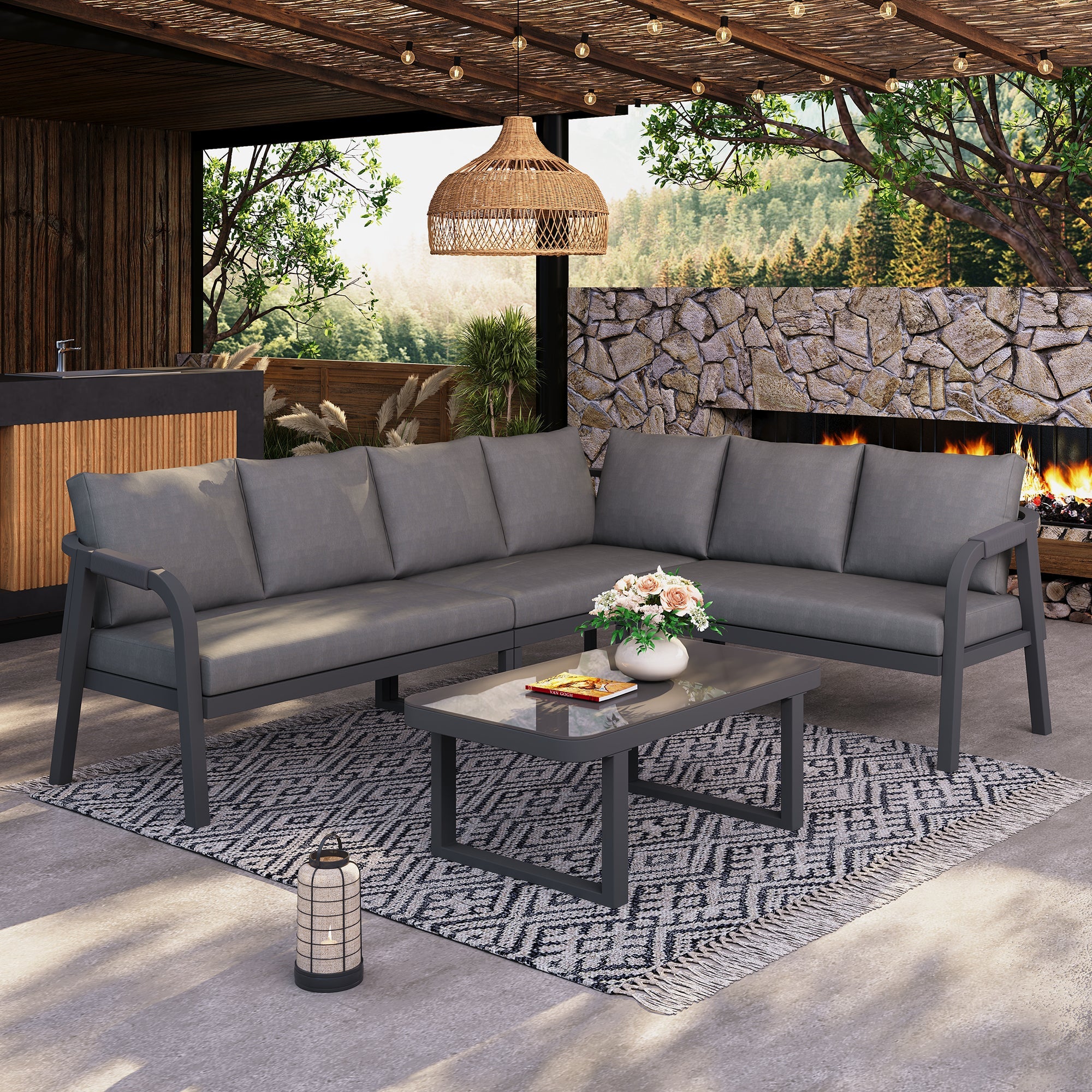 Garden Furniture Set with Corner Sofa and Coffee Table, Seats 6, Grey Galvanized Steel