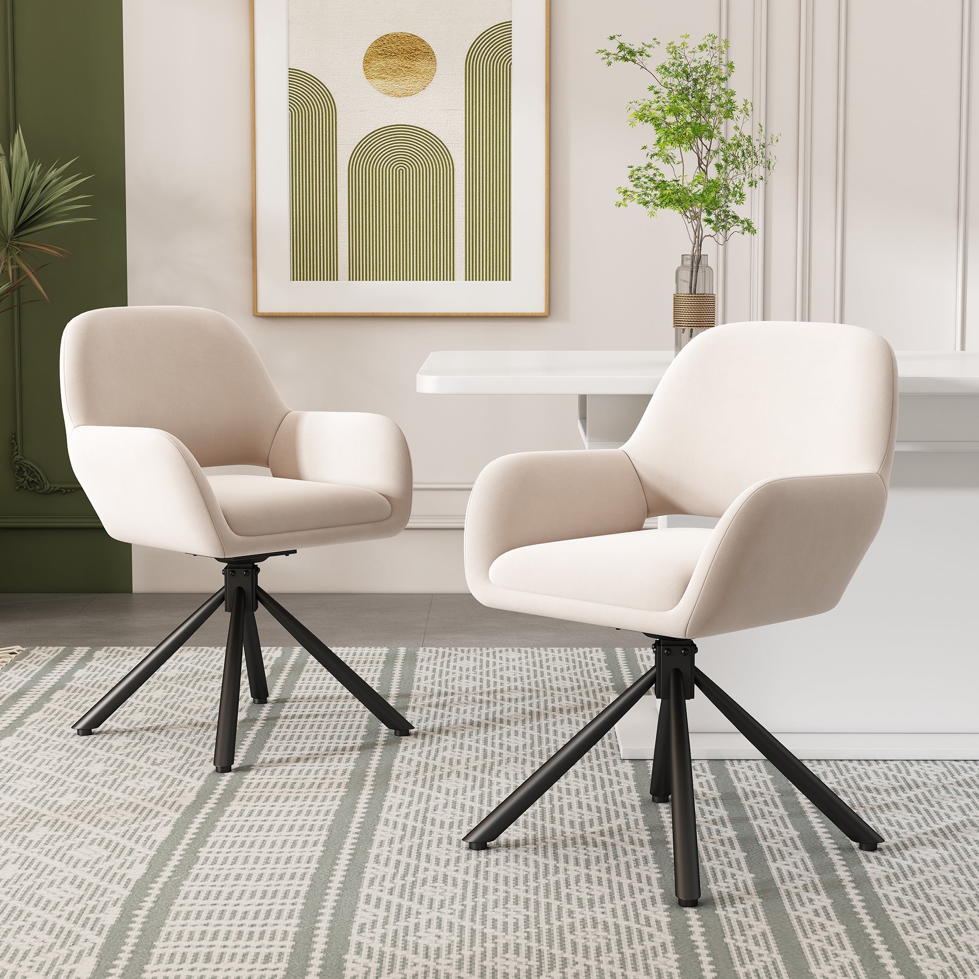 Dining Chair Set of 2 Swivel Modern with Handrails Velvet Beige