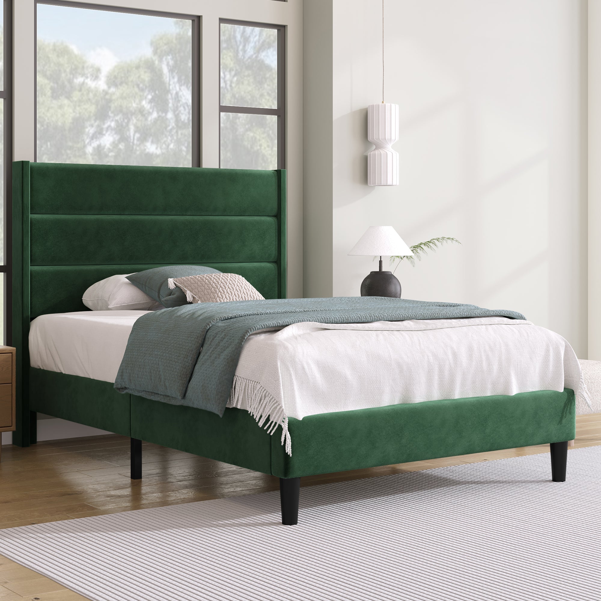 Upholstered Bed, 90x200cm Double with Slatted Frame & Headboard, Dark Green Velvet