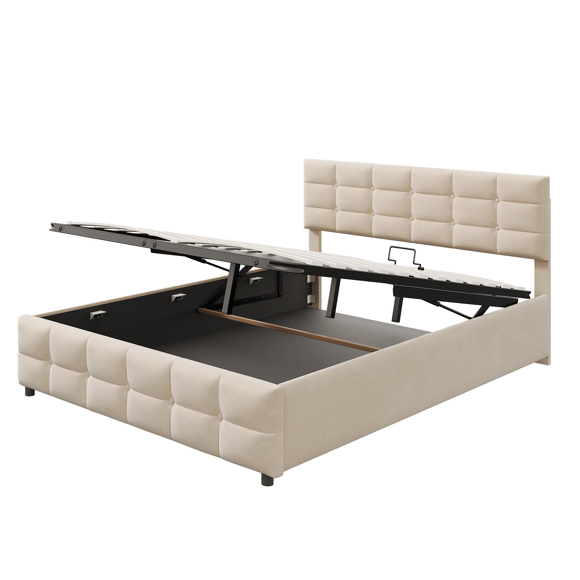 Upholstered Bed 180x200cm Slatted Frame Hydraulic Single Bed, Dutch Velvet Beige