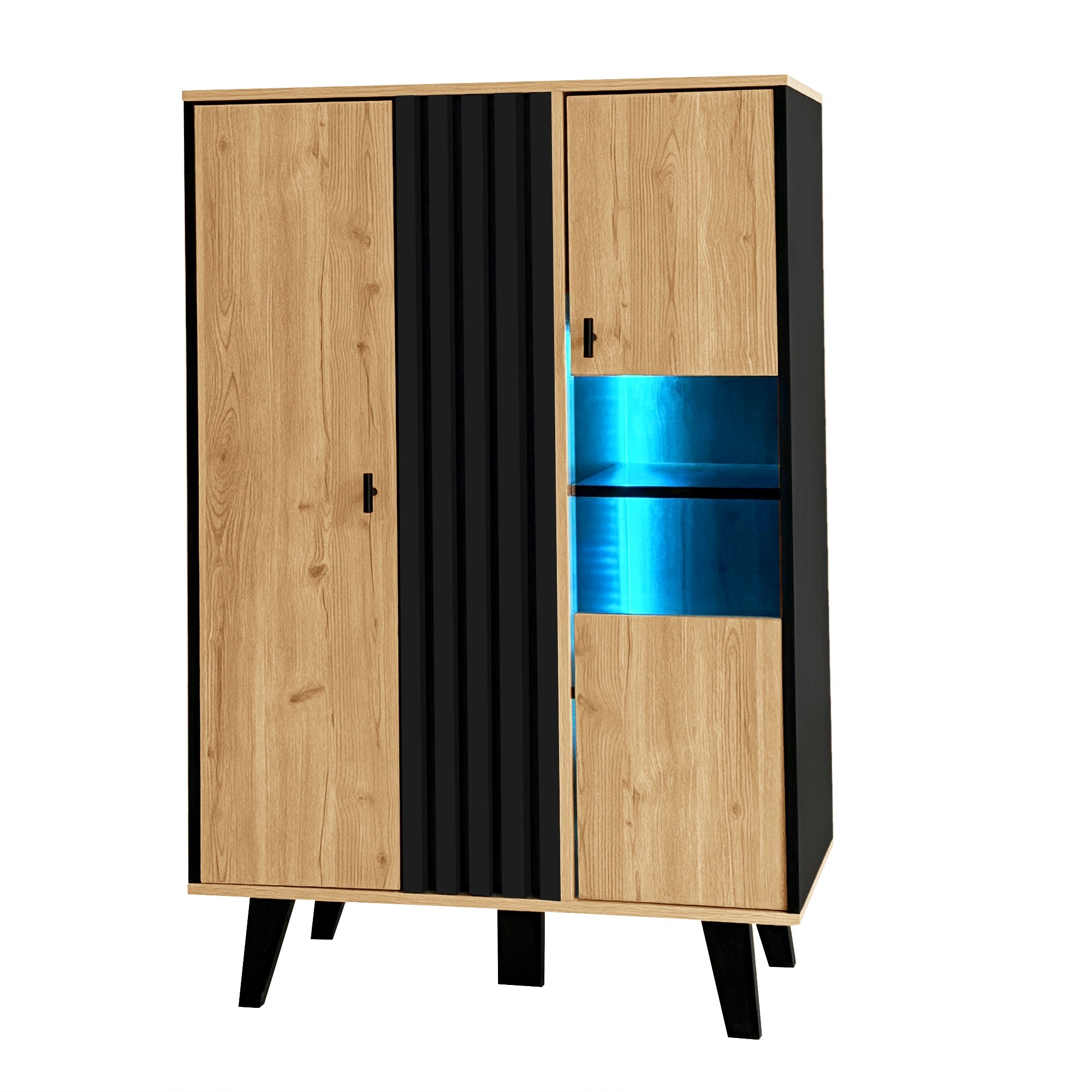 Sideboard, Display Cabinet with Glass and LED Lighting, Black and Wood