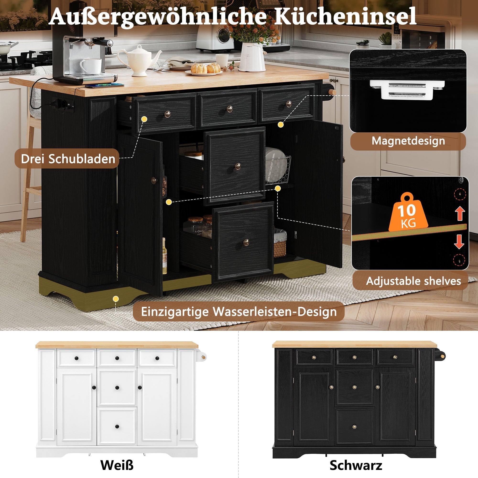 Extendable Kitchen Island with Drawers, Shelves & Power Strips - Black
