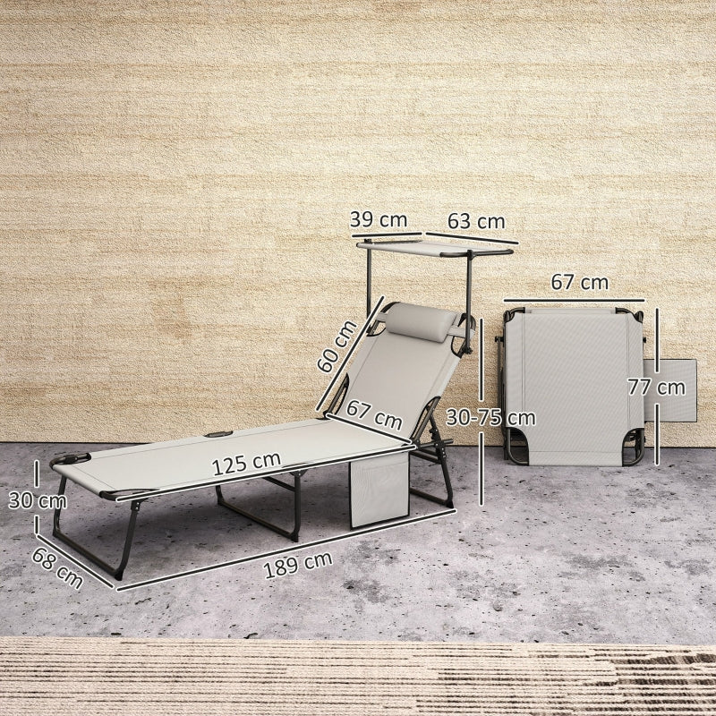 Folding Sun Lounger with Canopy, Mattress & 4-Position Adjustable Backrest - Light Grey