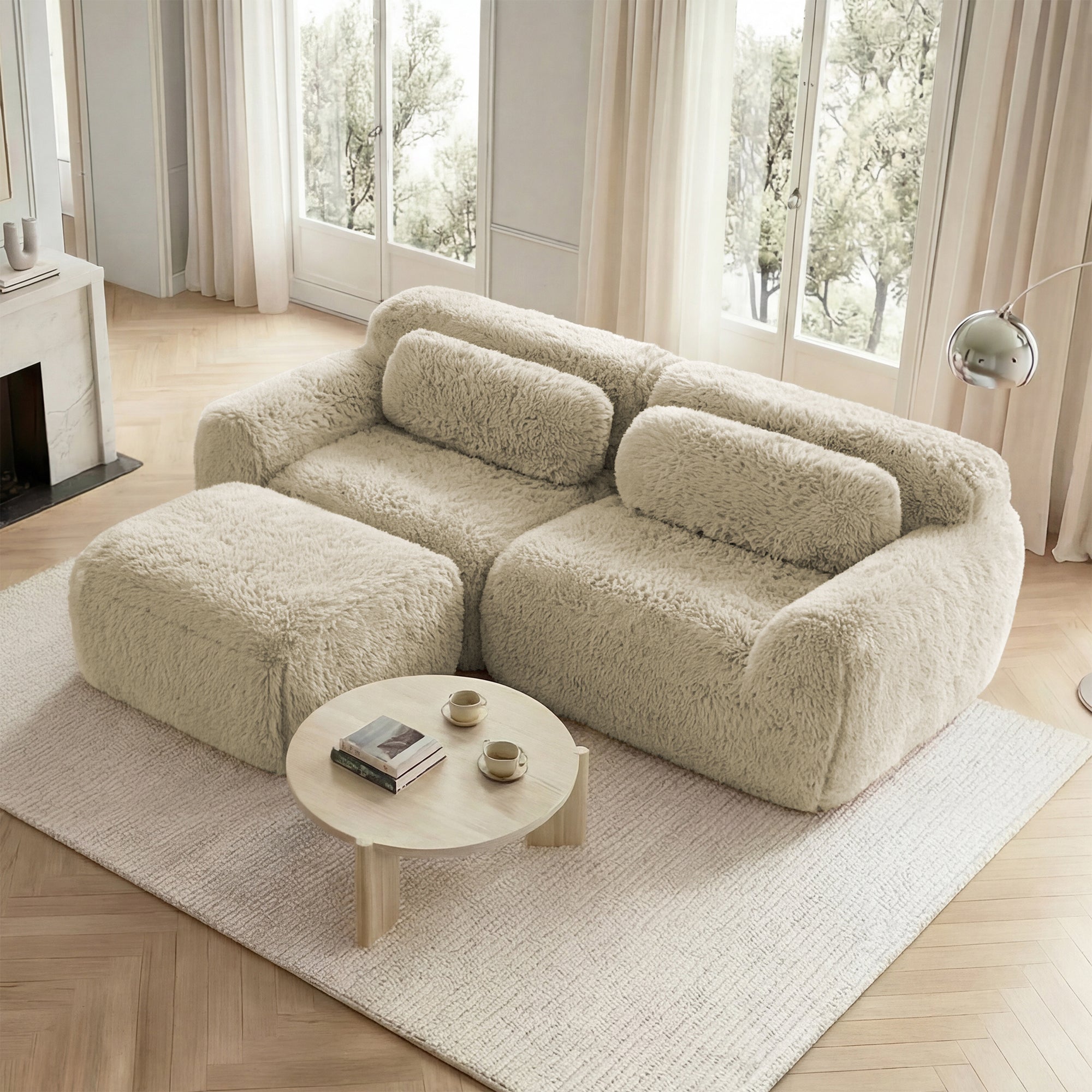 L-shaped Sofa Modular 2-Seater Plush Fabric No Assembly - Light Khaki