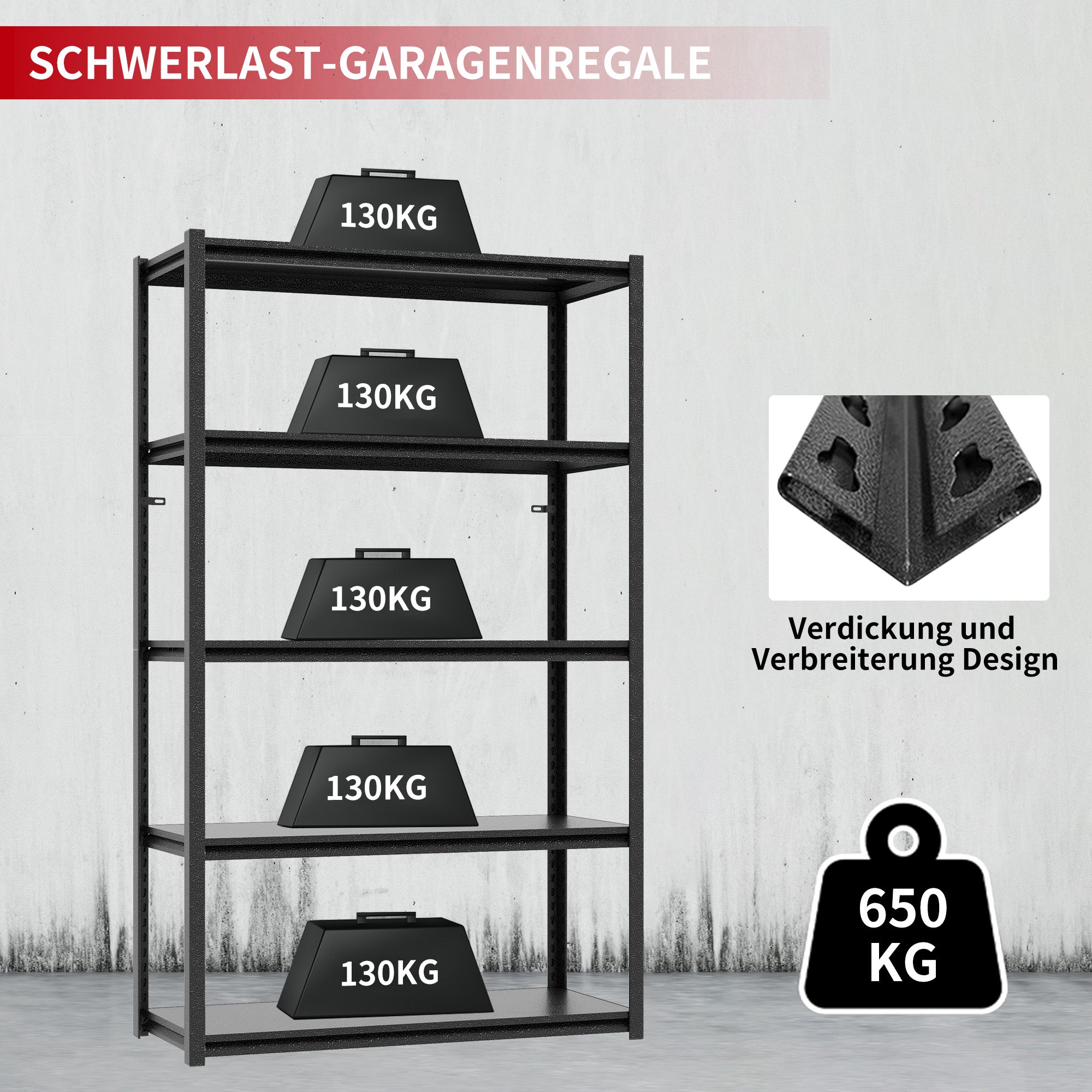 Metal Shelving Unit 5-Tier 160cm H Adjustable 650kg Load - Steel