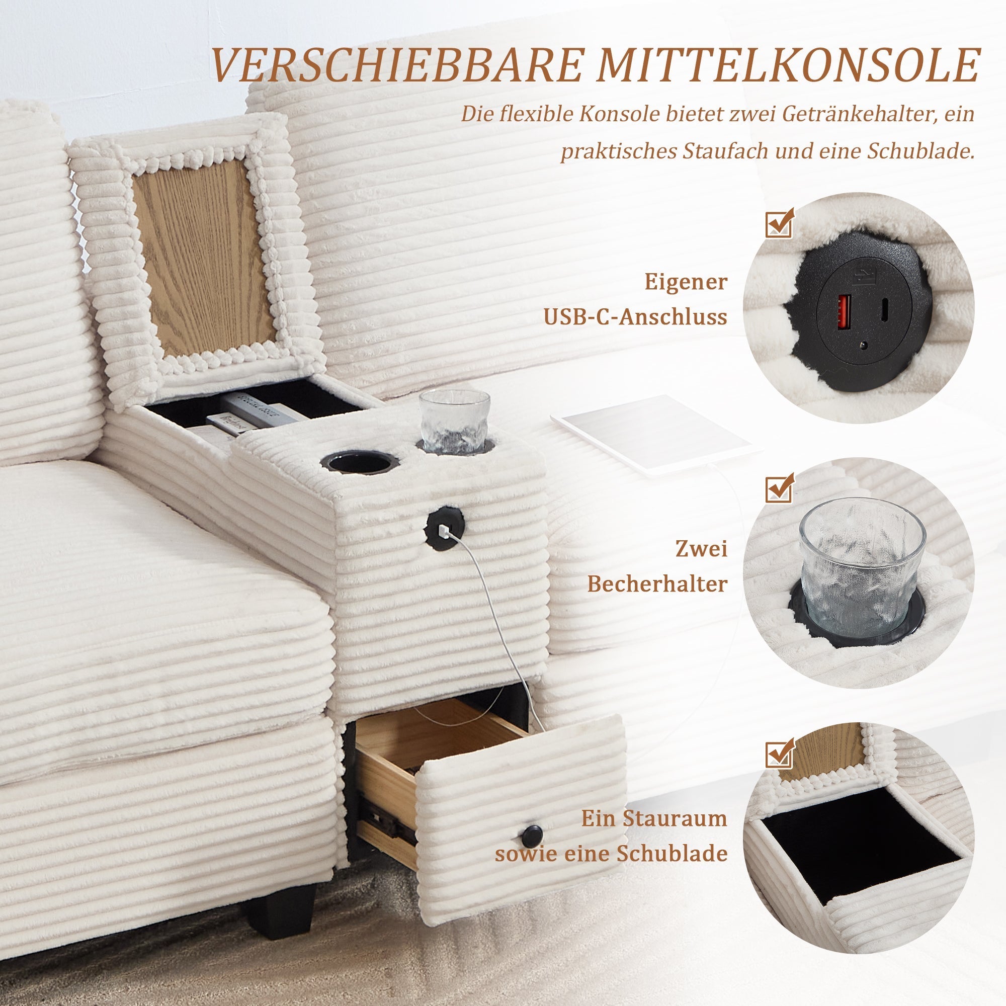 Sofa with Console, USB-C Port, Drawer & Movable Ottoman - Corduroy
