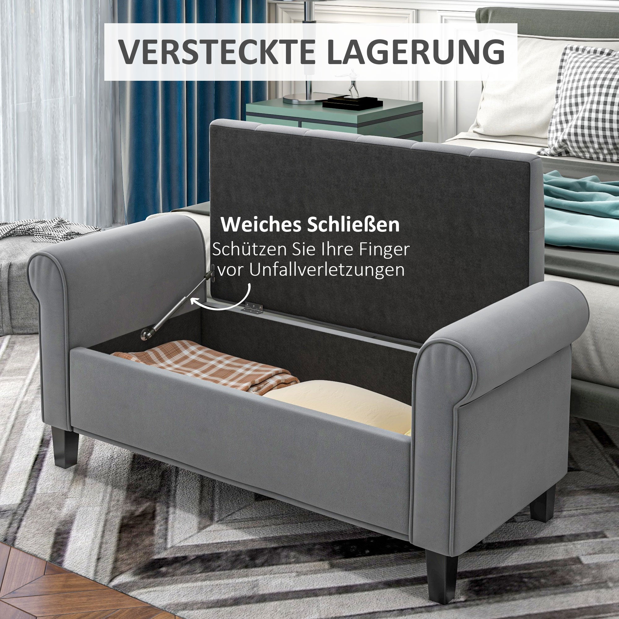 Upholstered Bench Storage Velvet Look Grey