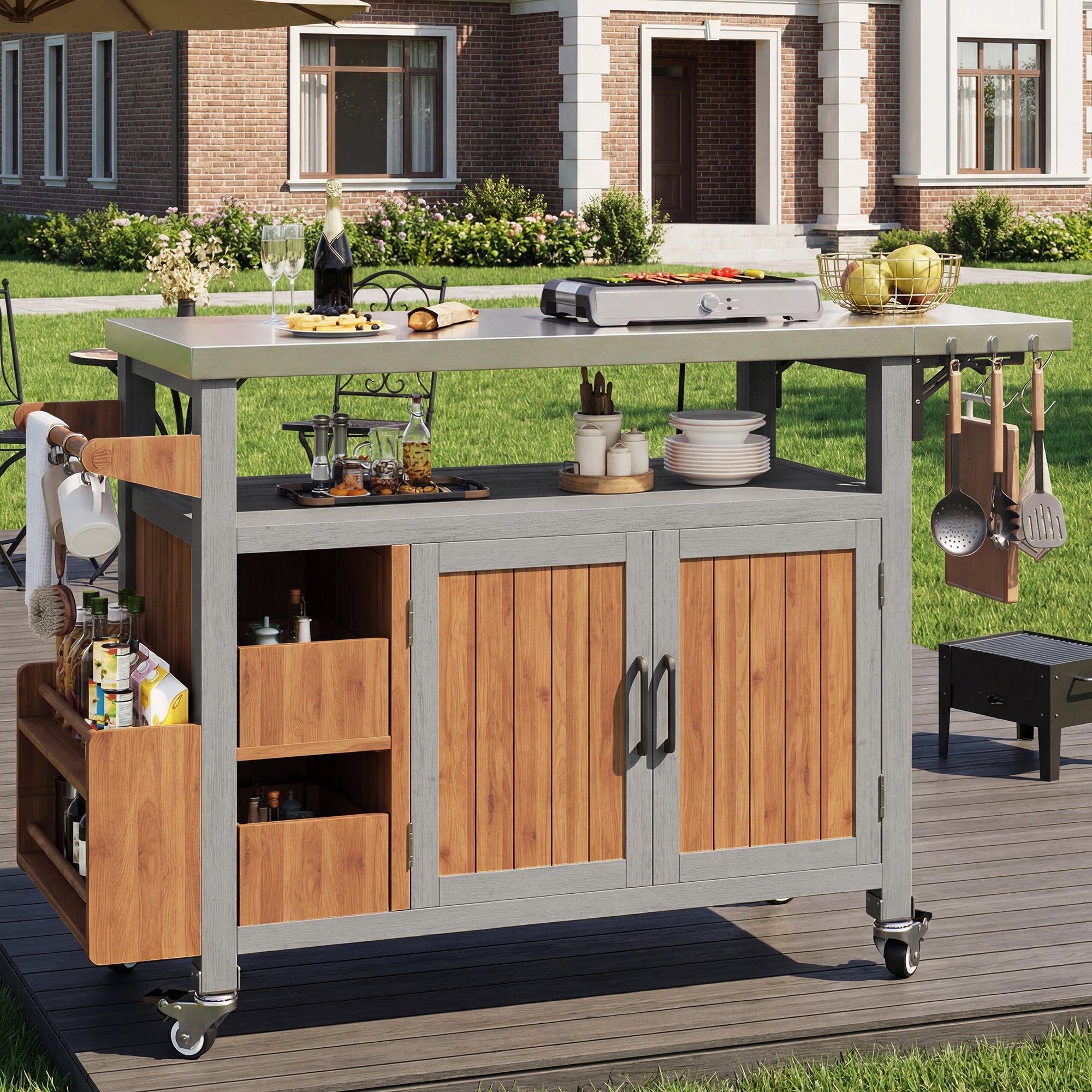 BBQ Side Table with Stainless Steel Worktop and Pull-out Shelf, Solid Wood