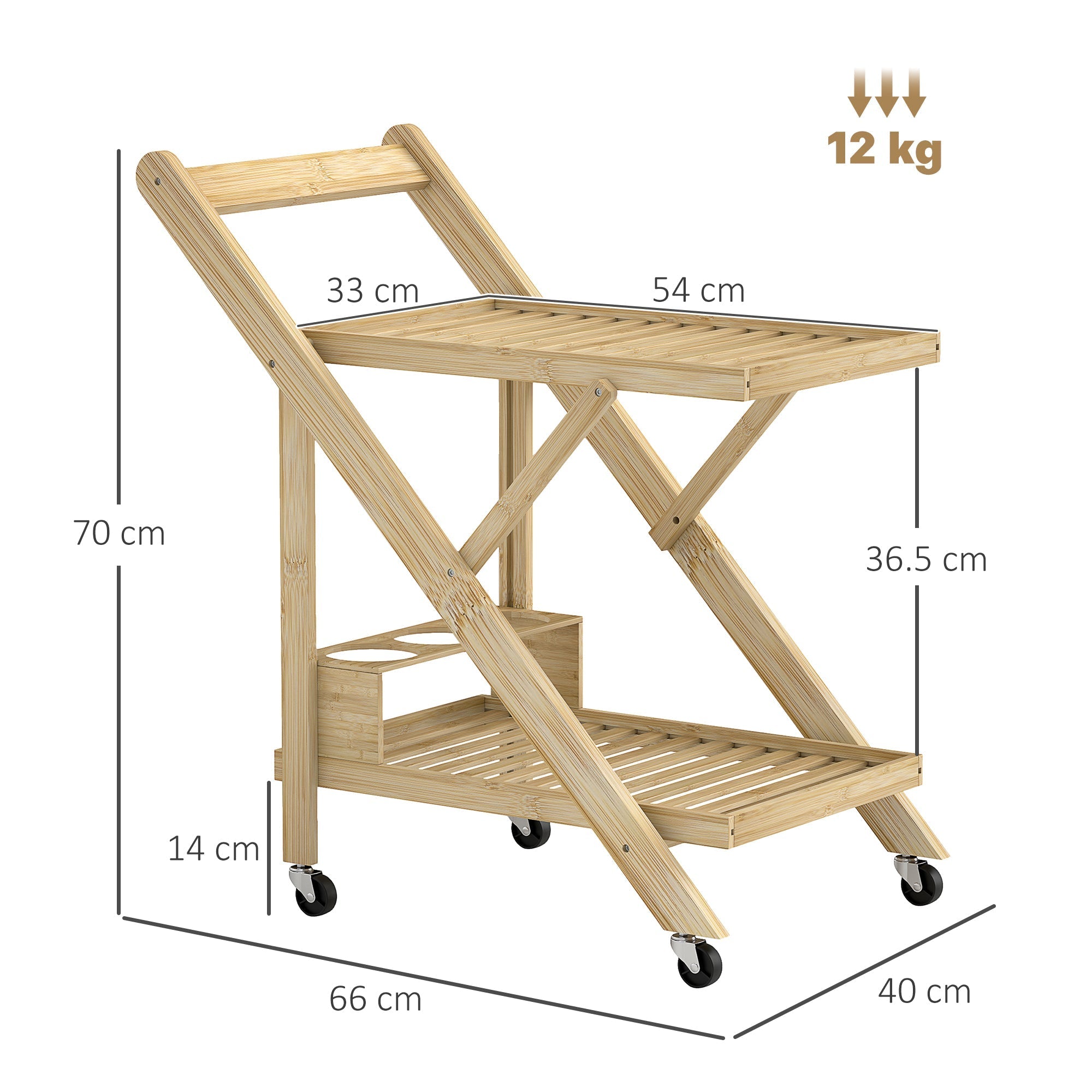 Kitchen Cart with Wine Rack, 2-Level Rolling, Bamboo Natural