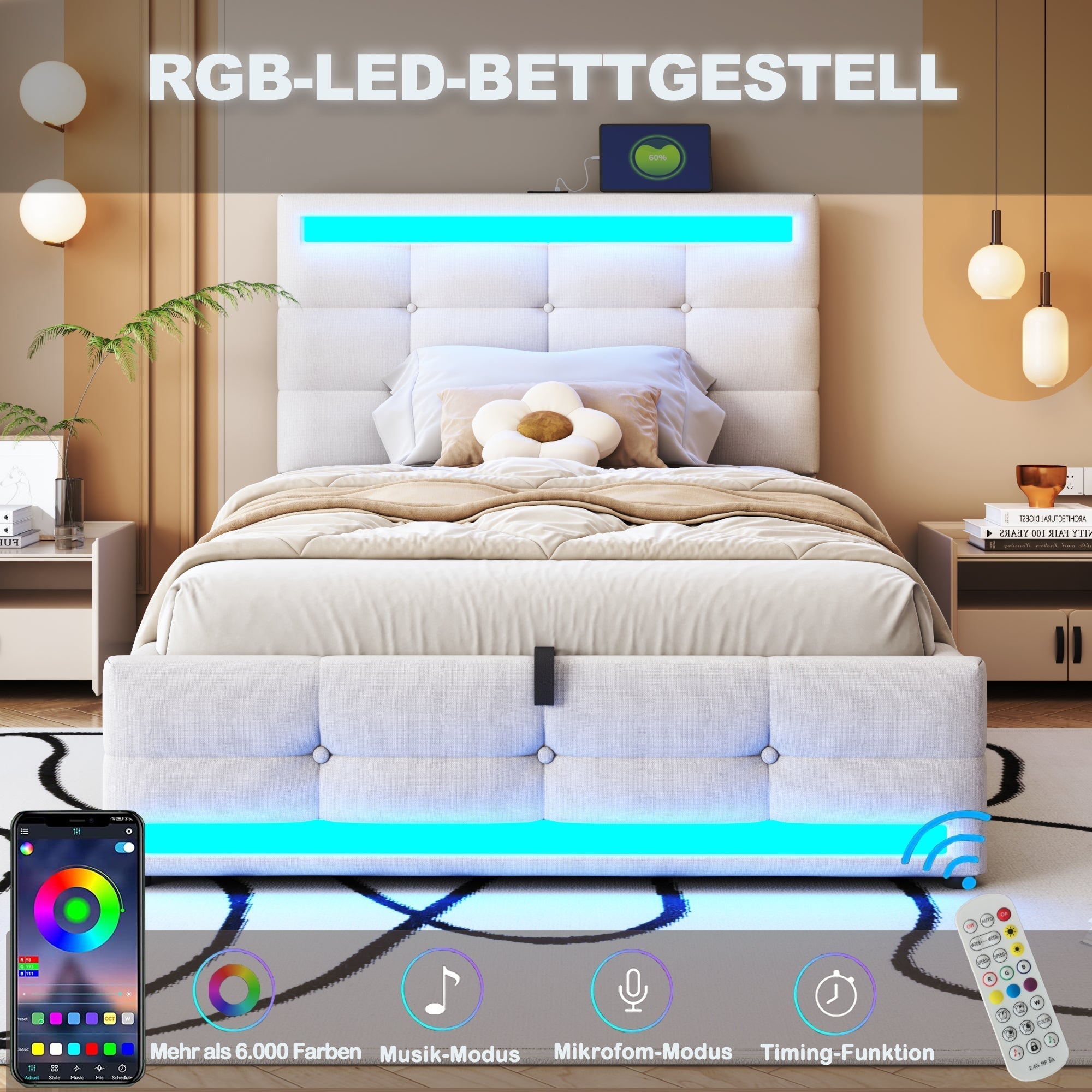 Upholstered Bed 90x200 Hydraulic Storage USB LED Light Strip, Beige Linen