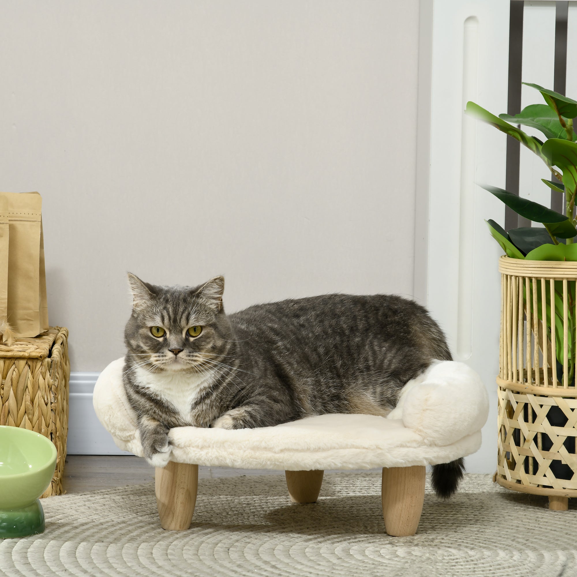 Gemütliches Haustiersofa, erhöhtes Design, Hund Katze, Flanell, Cremefarben