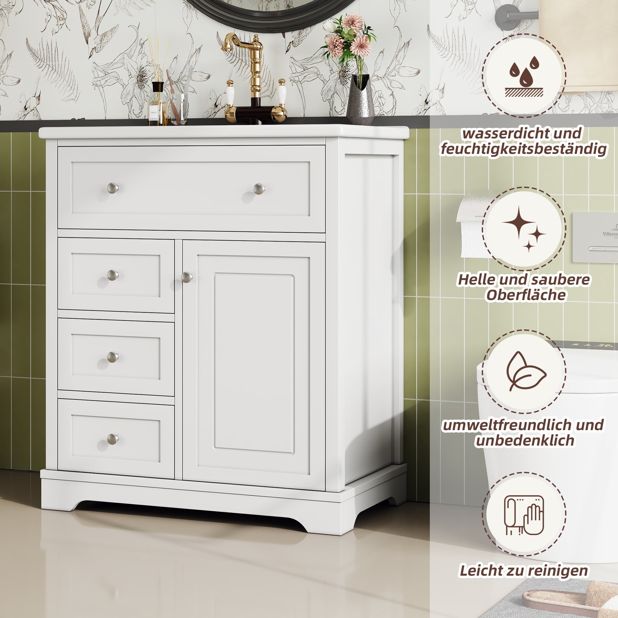 Bathroom Vanity Unit with Ceramic Sink and Drop-down Drawer, White