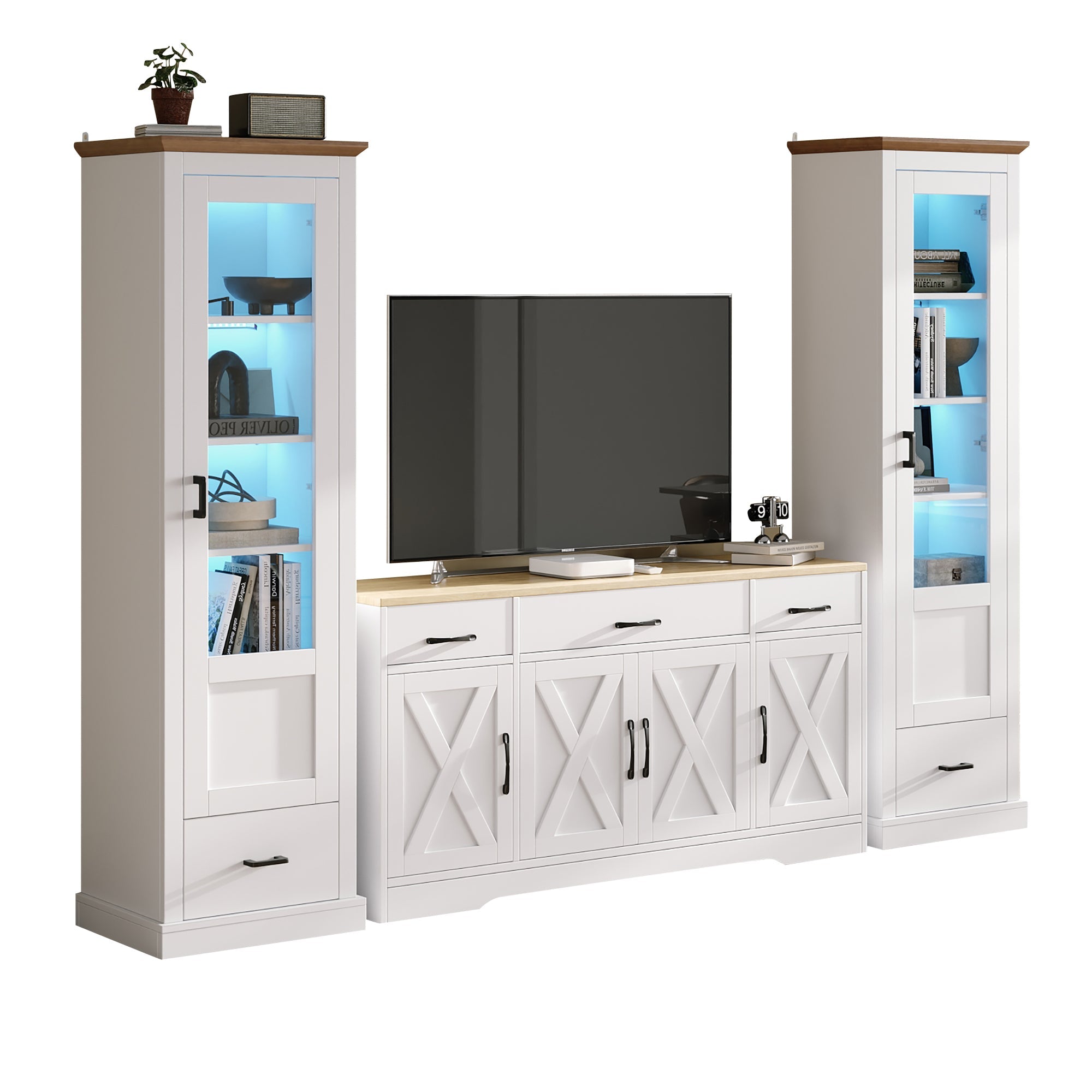 Living Room Set Combo, LED Display Cabinets and Multifunctional Sideboard, Matte White