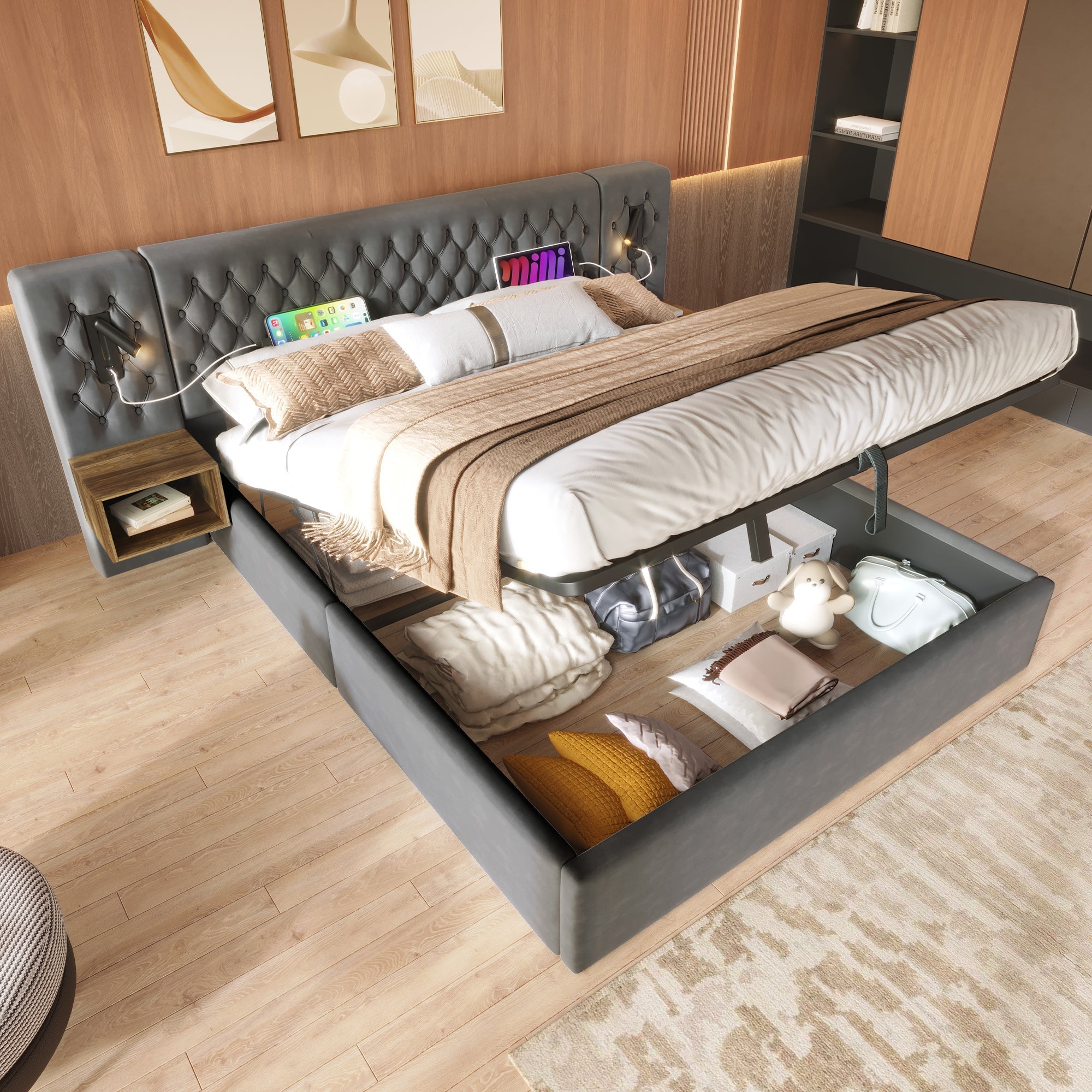 Bedroom Set, Upholstered Hydraulic Storage Double Bed 180x200cm with 2 Nightstands & Headboard Reading Light with USB, Gray Velvet
