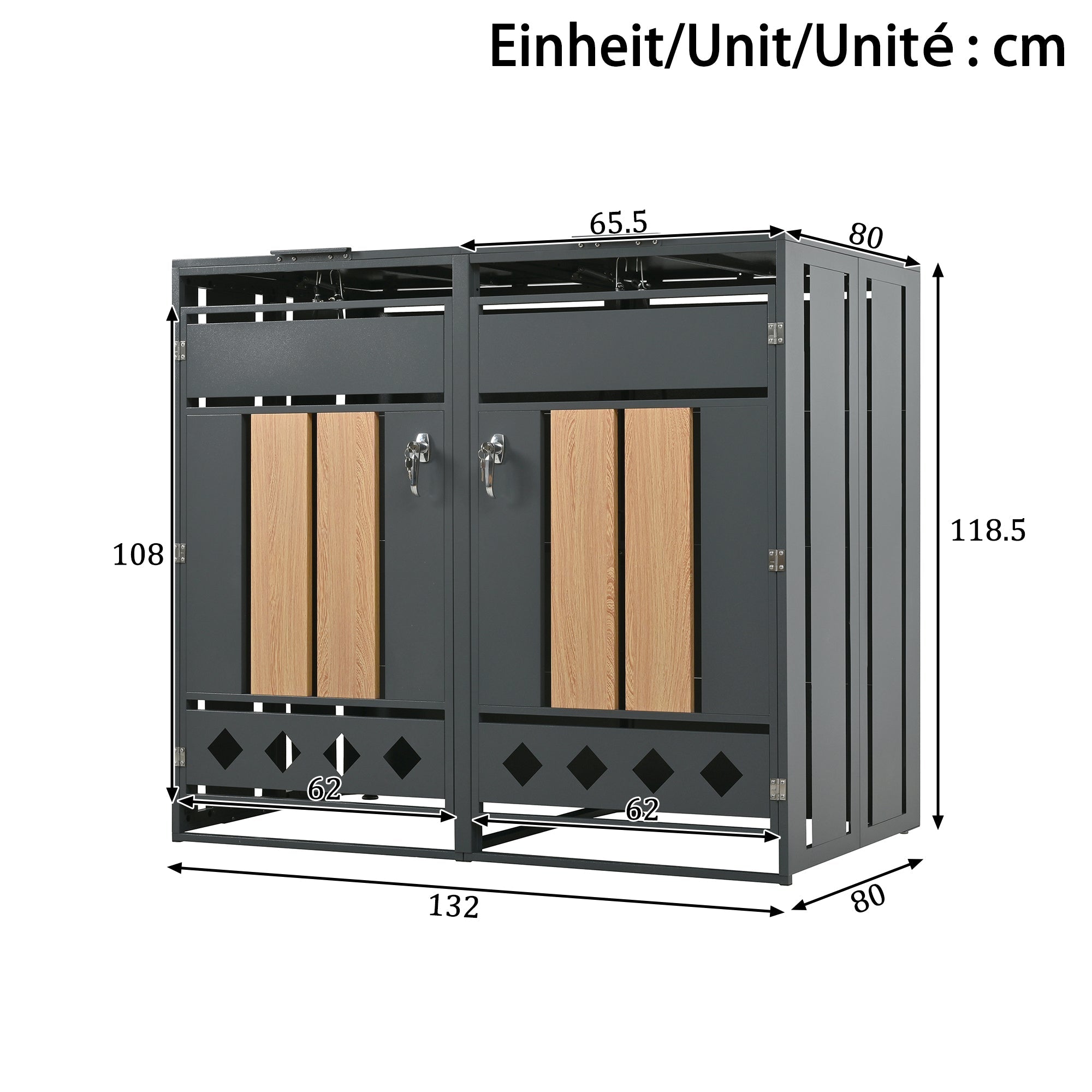 Bin Storage Unit with Hinged Lid, Lockable and 4 Doors, Wood Grain