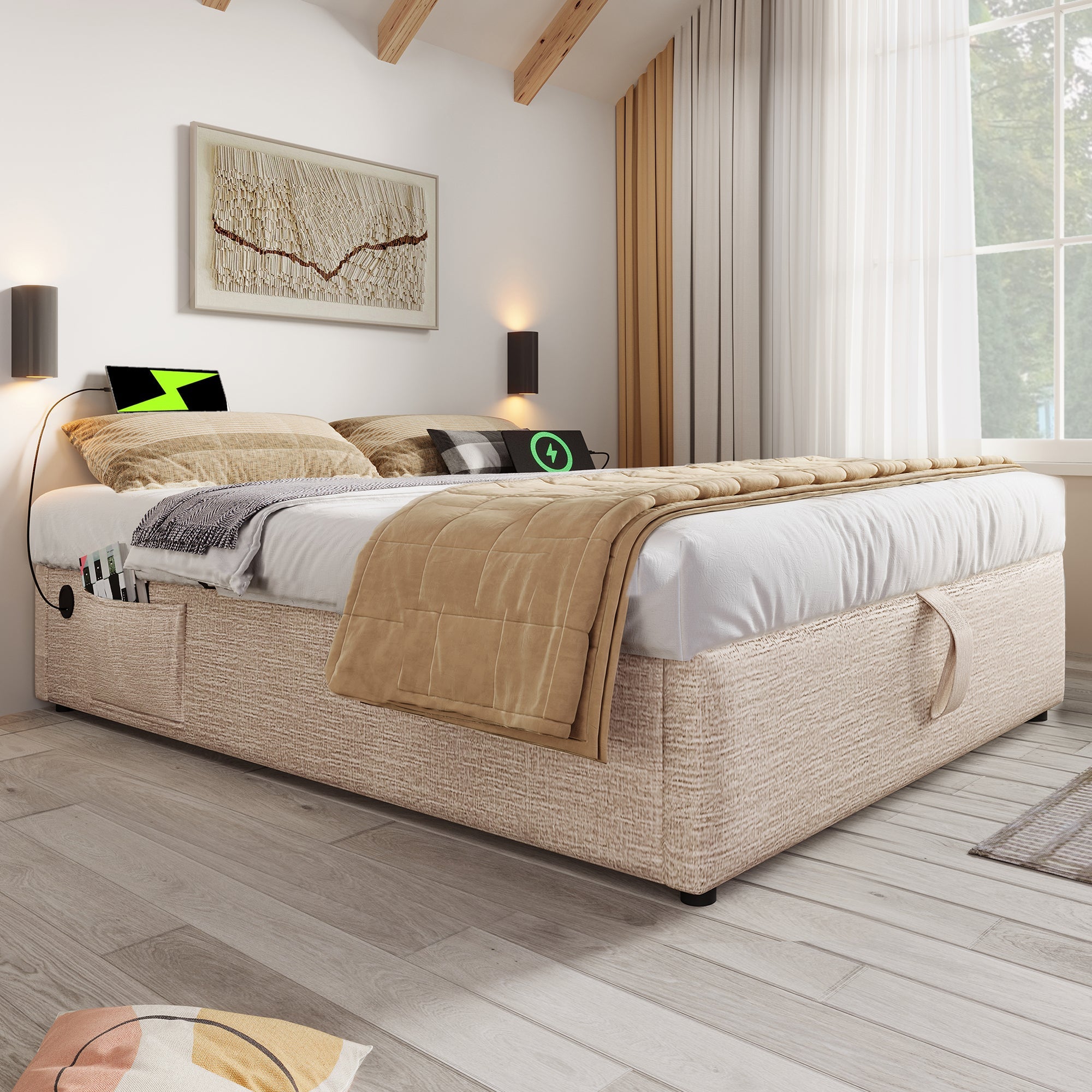 Upholstered Double Bed with Storage and USB-C, 160x200cm, Natural Linen