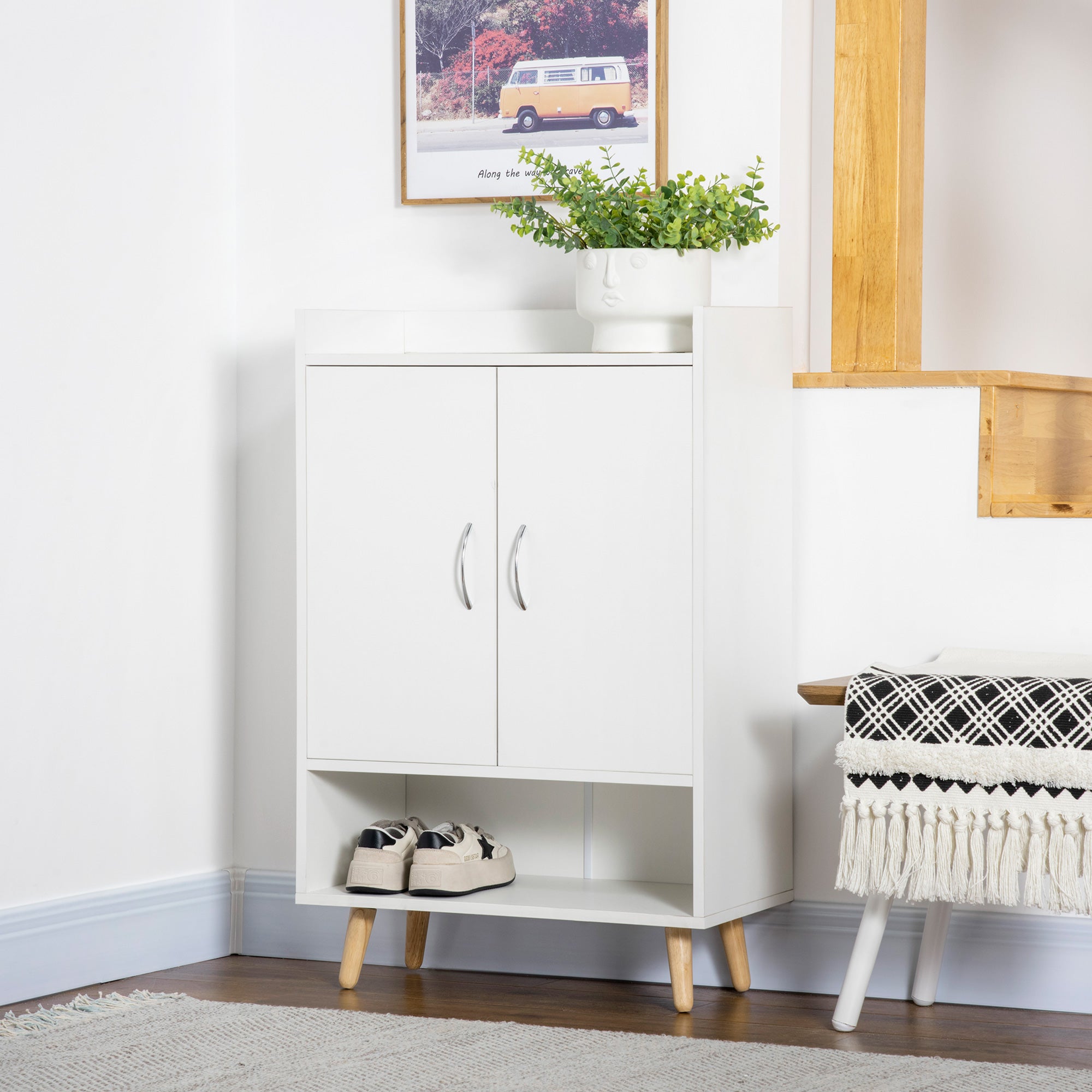 Modern Shoe Cabinet Storage Organizer with Doors and Shelves, White