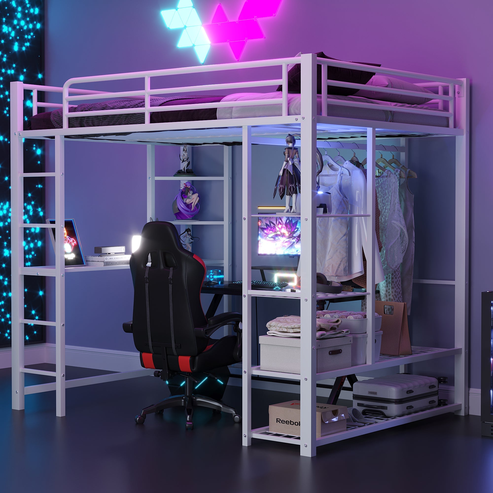 Metal Loft Bed, 140x200cm Junior Double with Desk & Storage, White