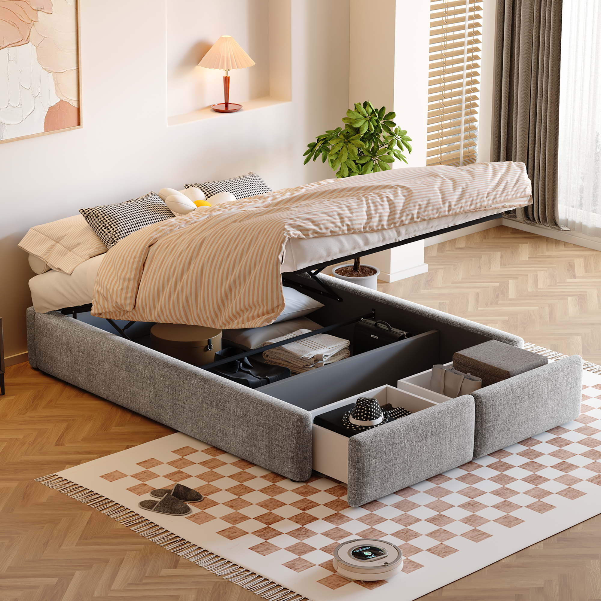 Upholstered Bed 140x200cm Hydraulic Storage 2 Drawers No Headboard - Grey