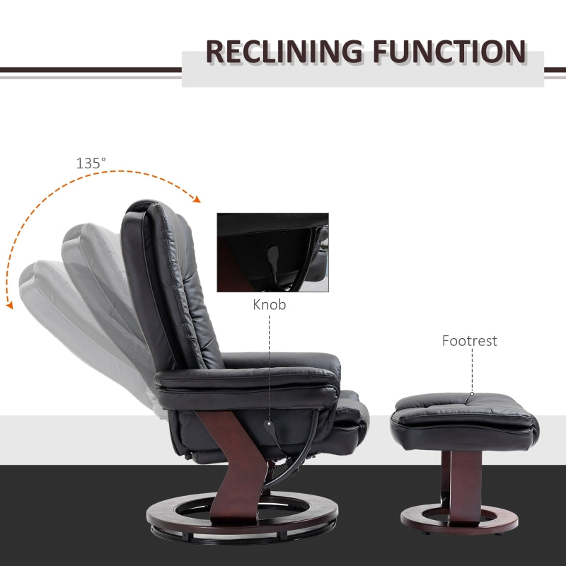 Recliner Chair with Footstool, 130kg Capacity, 135° Reclining Swivel, PU Leather, Black