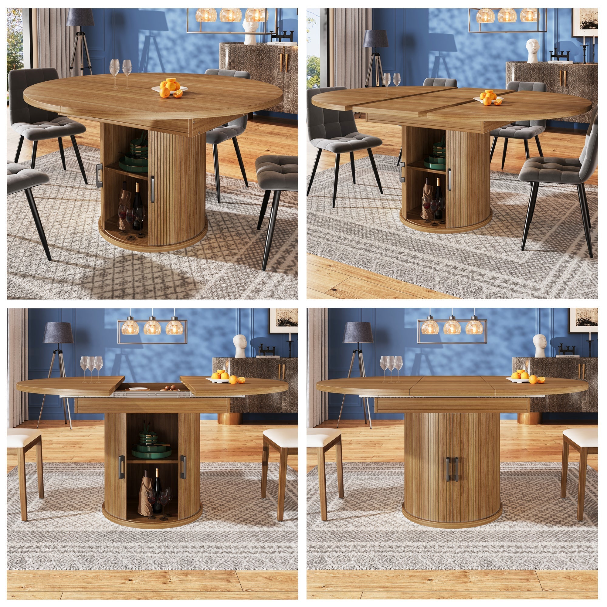 Extendable Dining Table Round/Oval 118-158 cm Seats 6 Walnut/Black