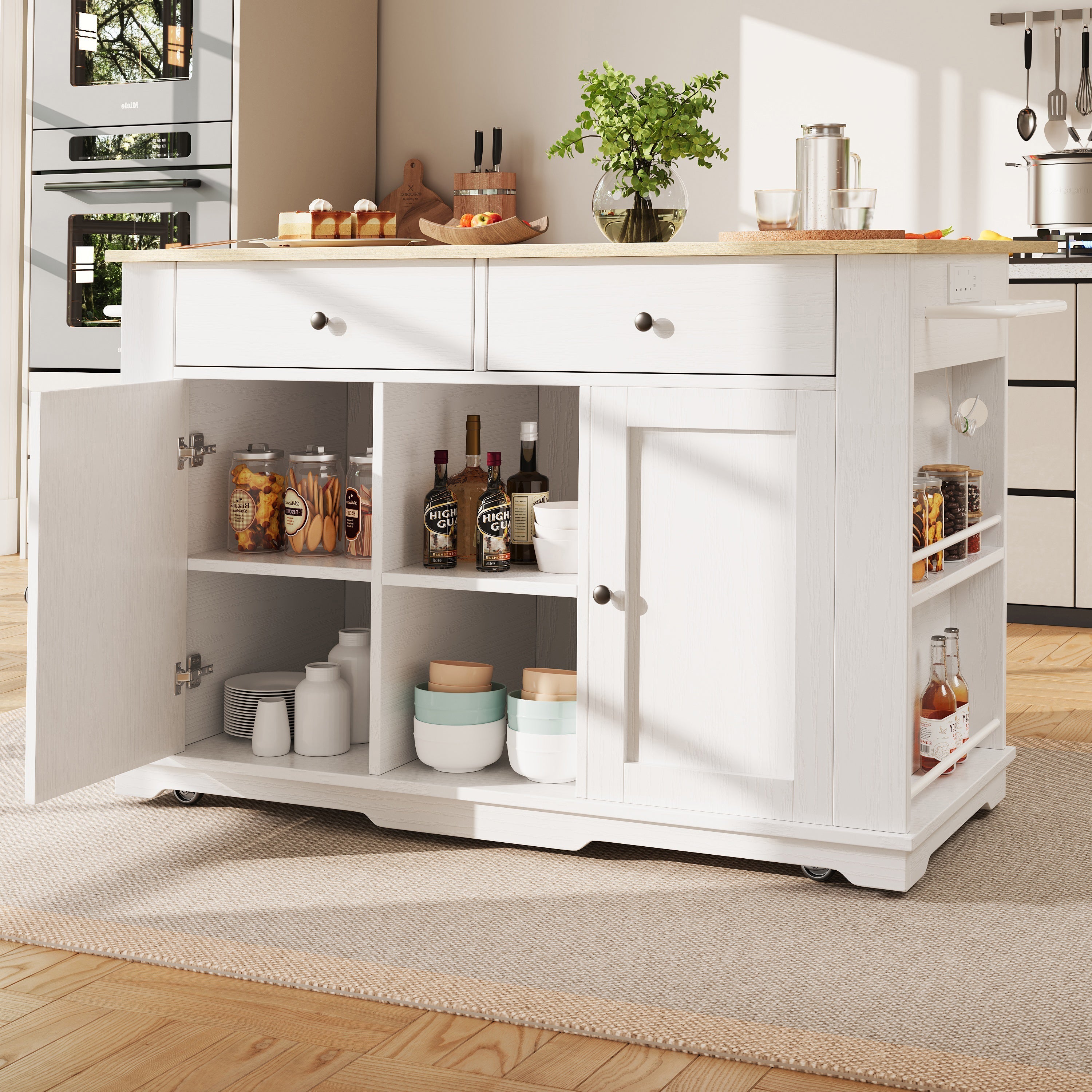 Kitchen Island with Power Strip and Wood Grain, White