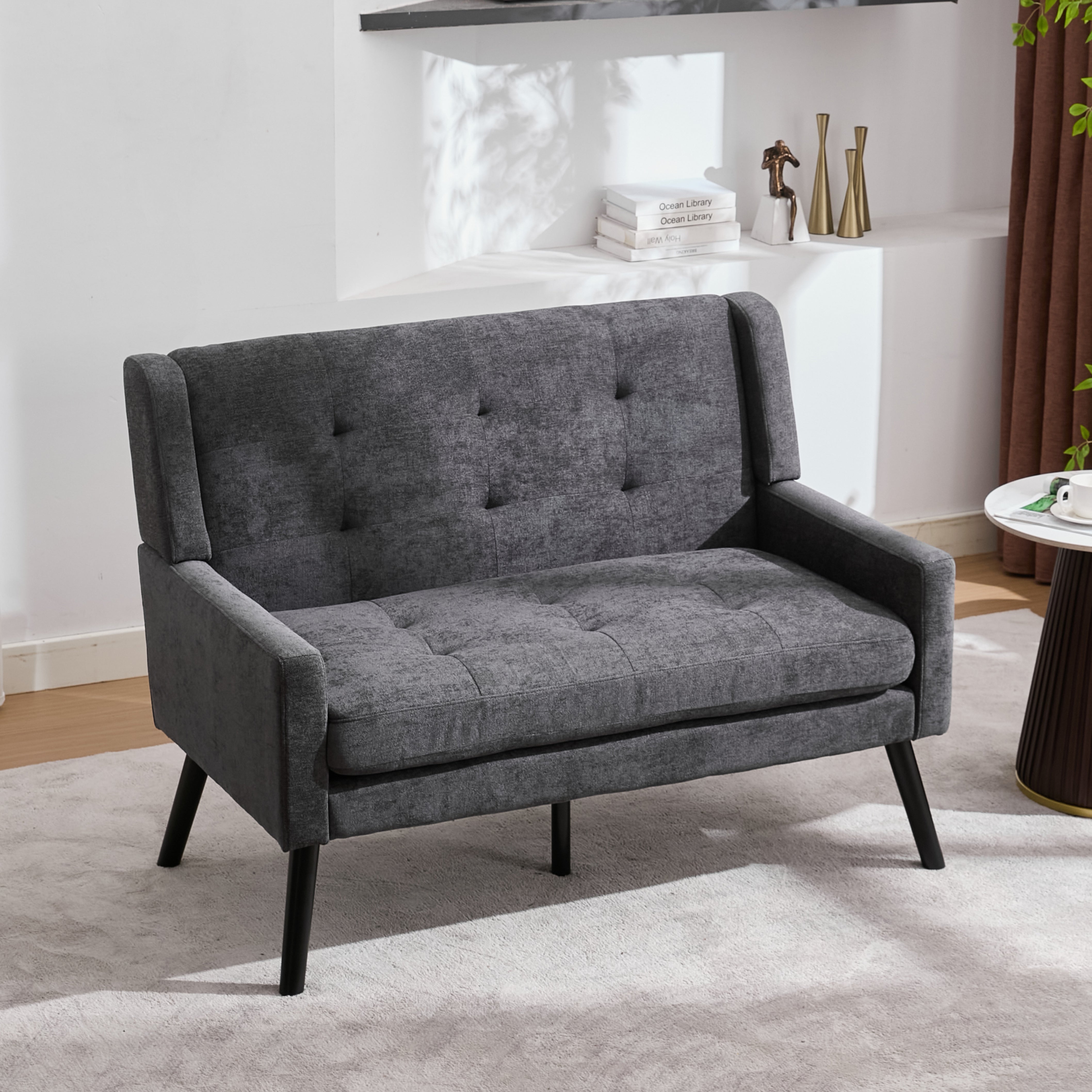 2-Seater Linen Bench with Solid Wood Legs and Button-Tufted Cushion, Natural Linen