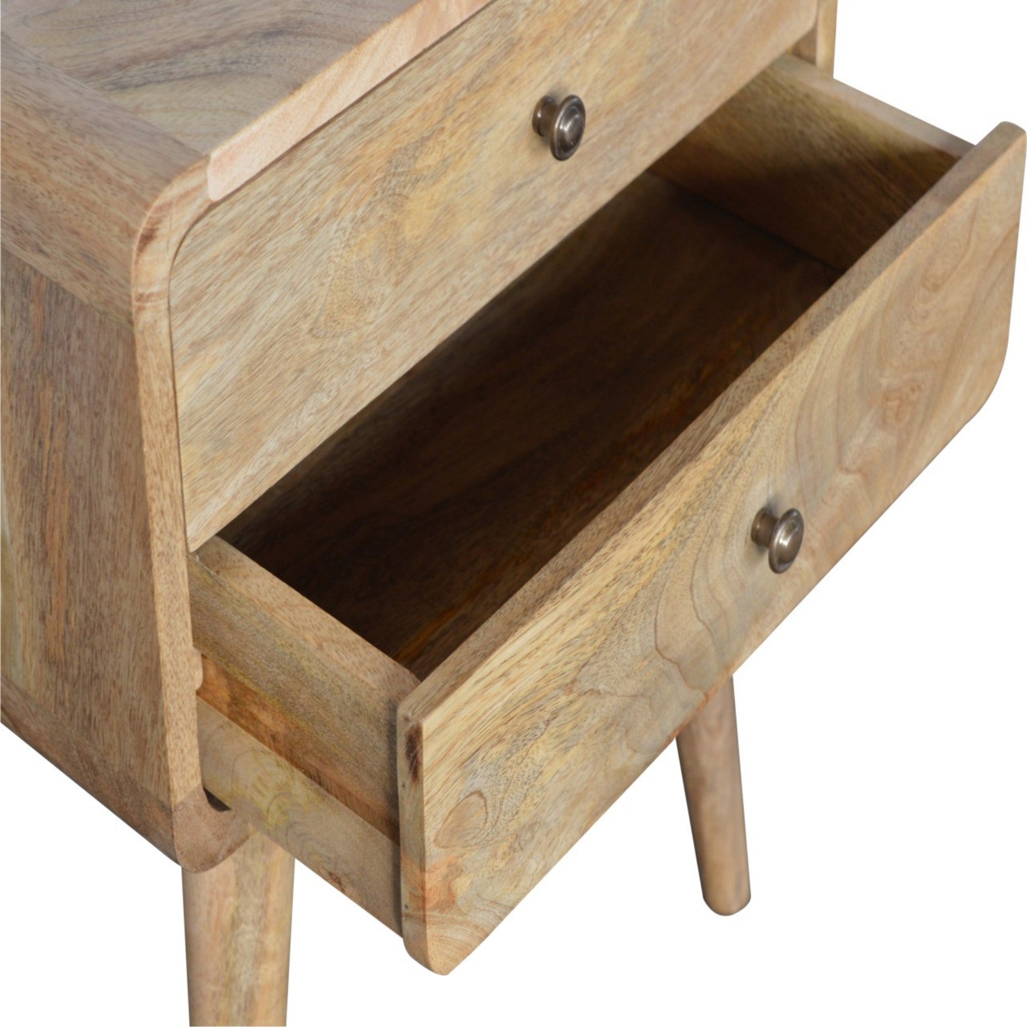 Solid Wood Bedside, Curved 2 Drawers, Beige Oak-ish