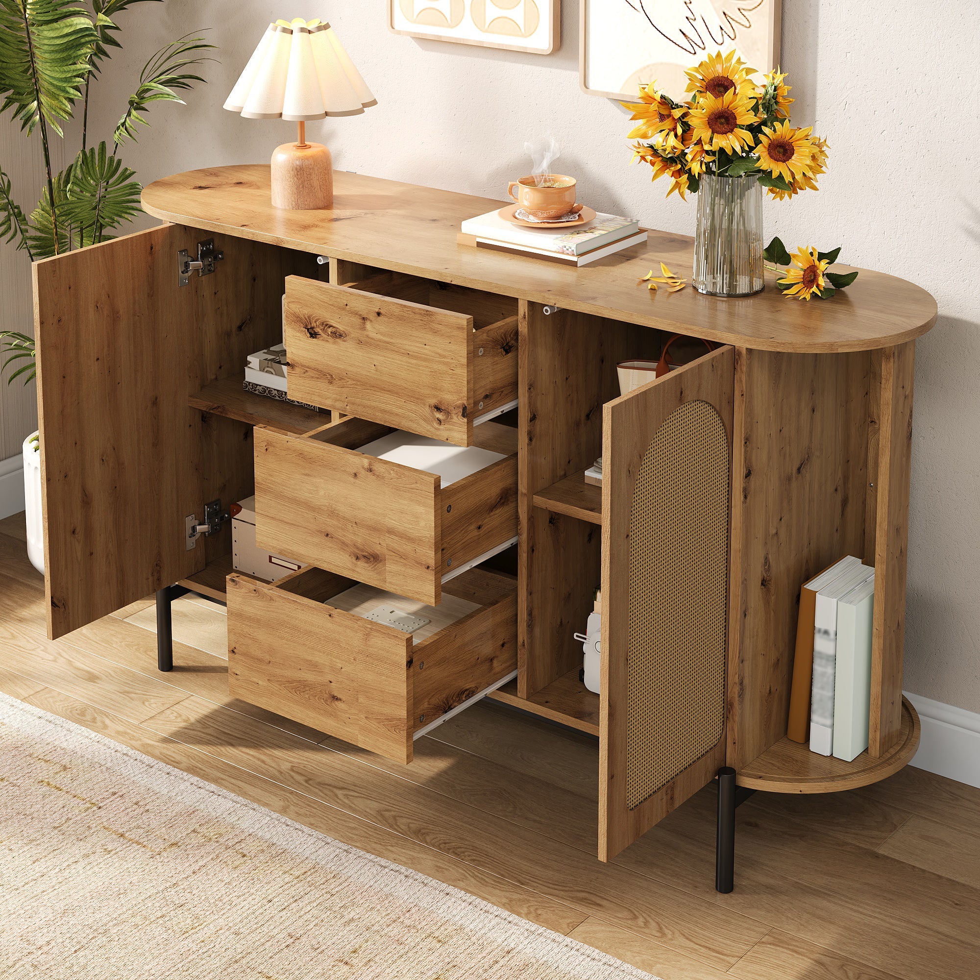 Oval Sideboard with Rattan Sliding Doors and Drawers, Adjustable Compartments and Metal Legs, Wood Look
