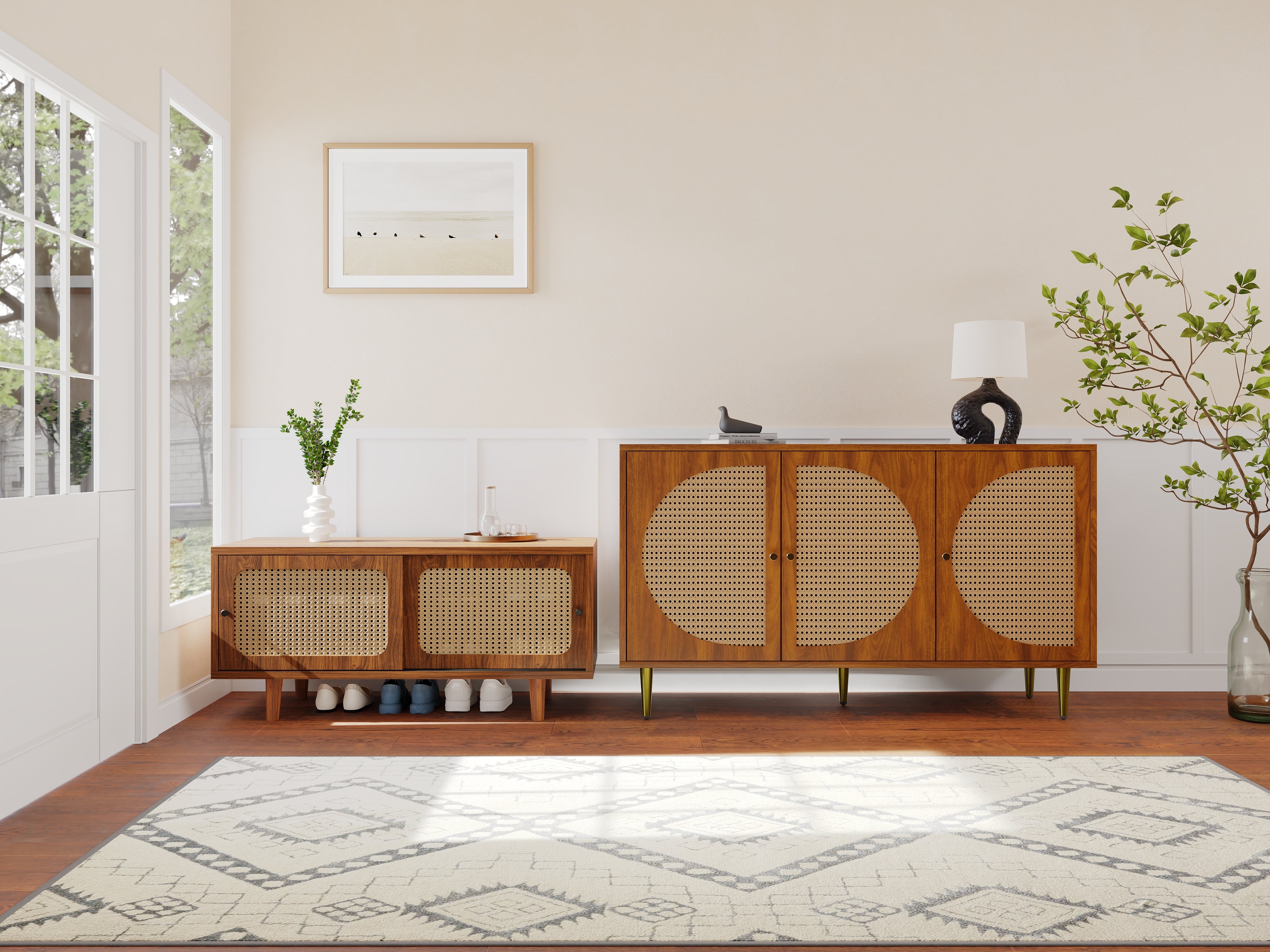 Rattan Sideboard Set, Living Room Chest & Shoe Cabinet, Walnut